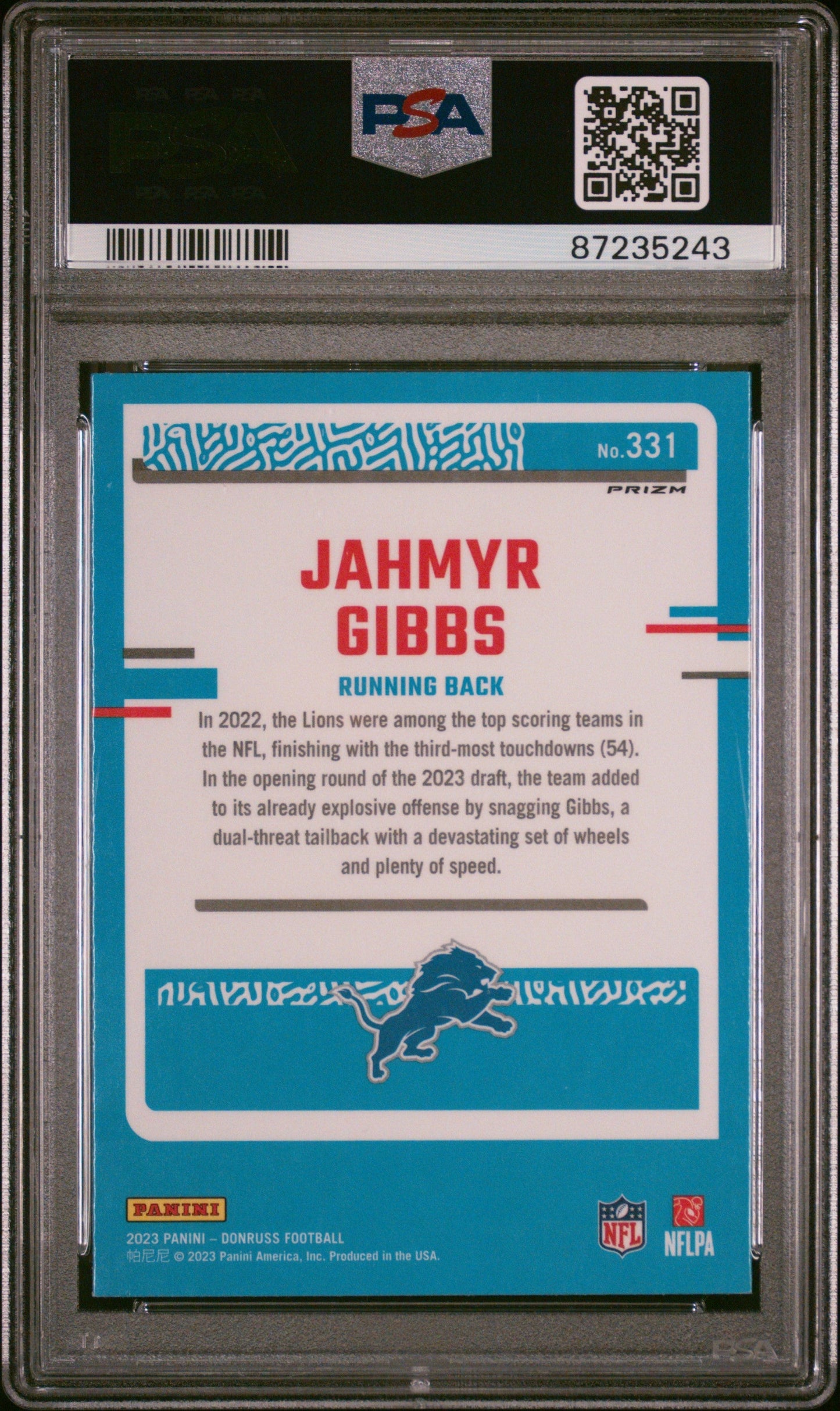 Graded 2023 Panini Donruss Jahmyr Gibbs #331 Optic Preview Pink Rookie RC Football Card PSA 10 Gem Mint