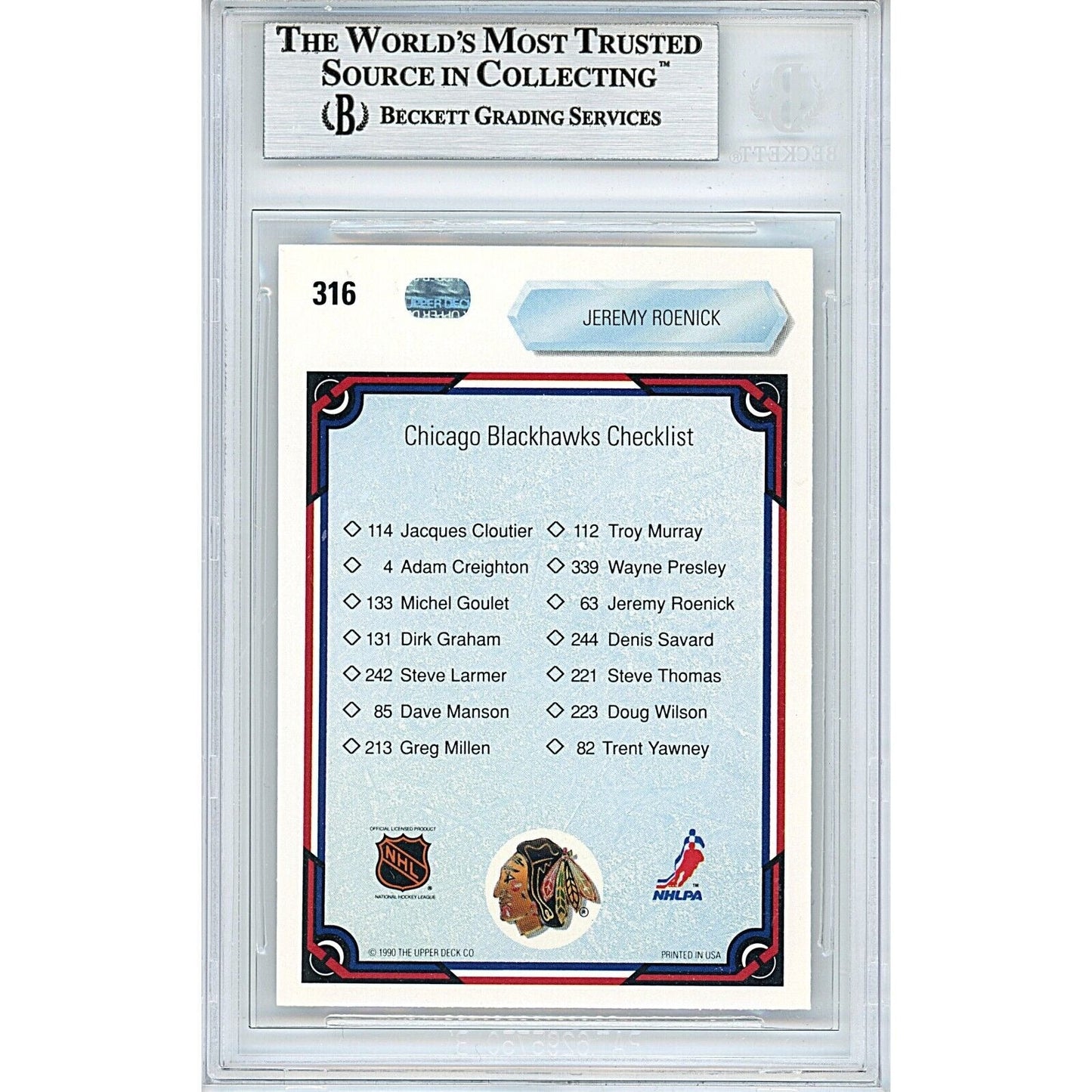 1990-91 Upper Deck — Jeremy Roenick Chicago Blackhawks Chicago Blackhawks Autographed Trading Card — Beckett Authentication