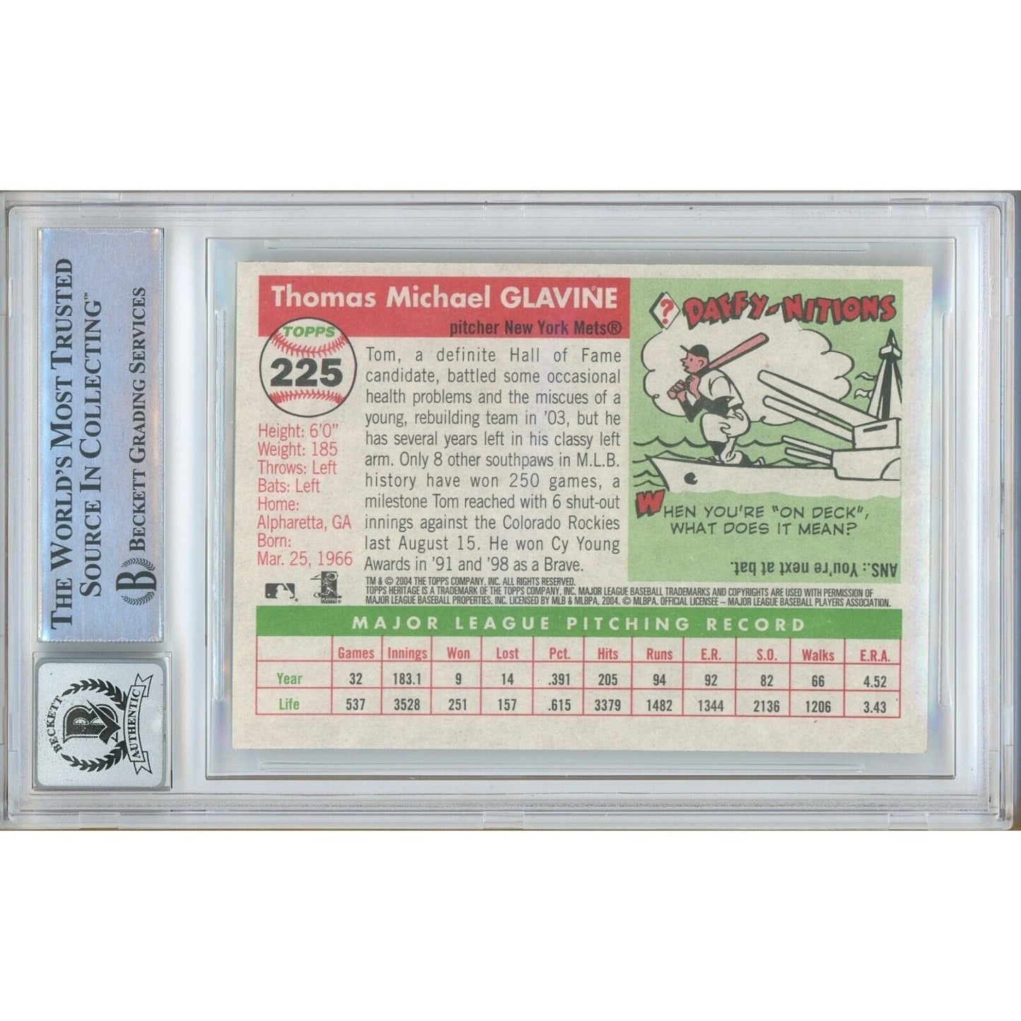 Tom Glavine New York Mets Signed 2004 Topps Heritage Card BGS Auto 10 Graded Slab NY