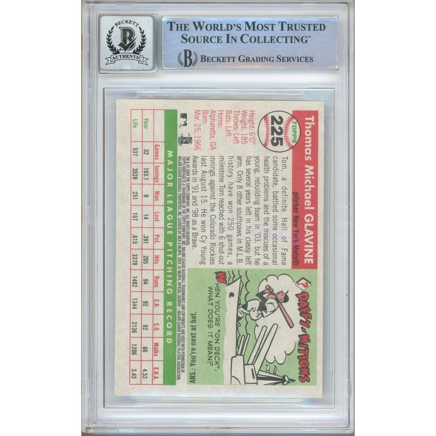 Tom Glavine New York Mets Signed 2004 Topps Heritage Card BGS Auto 10 Graded Slab NY