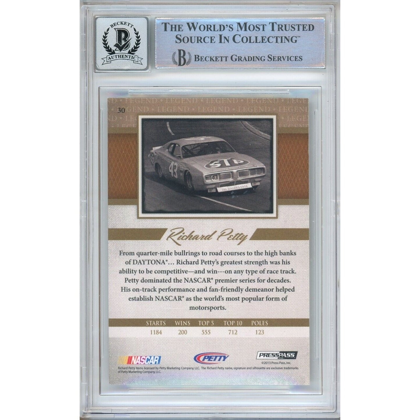 Richard Petty Signed Nascar 2013 Press Pass Legends Trading Card BGS Auto 10 Graded
