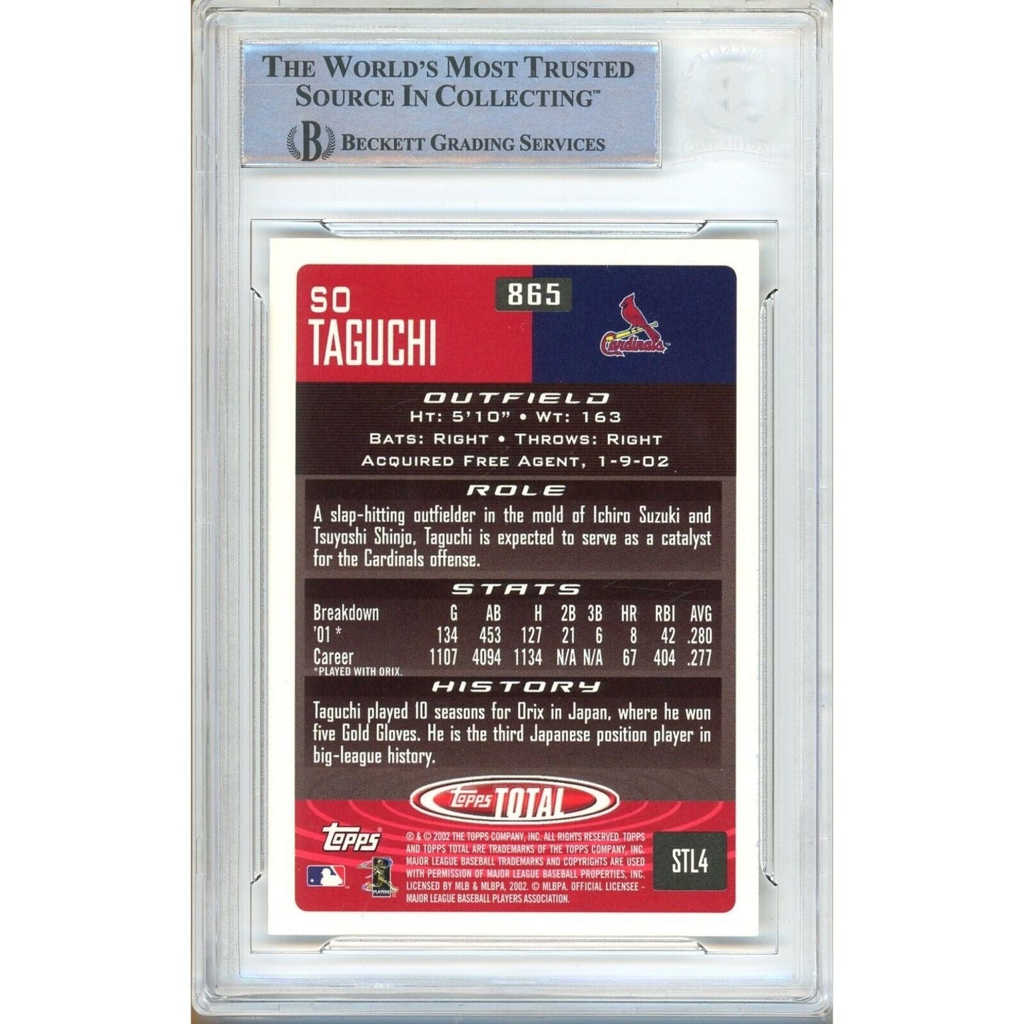 So Taguchi St Louis Cardinals Signed 2002 Topps Total Card Beckett Authentic Auto Slab RC