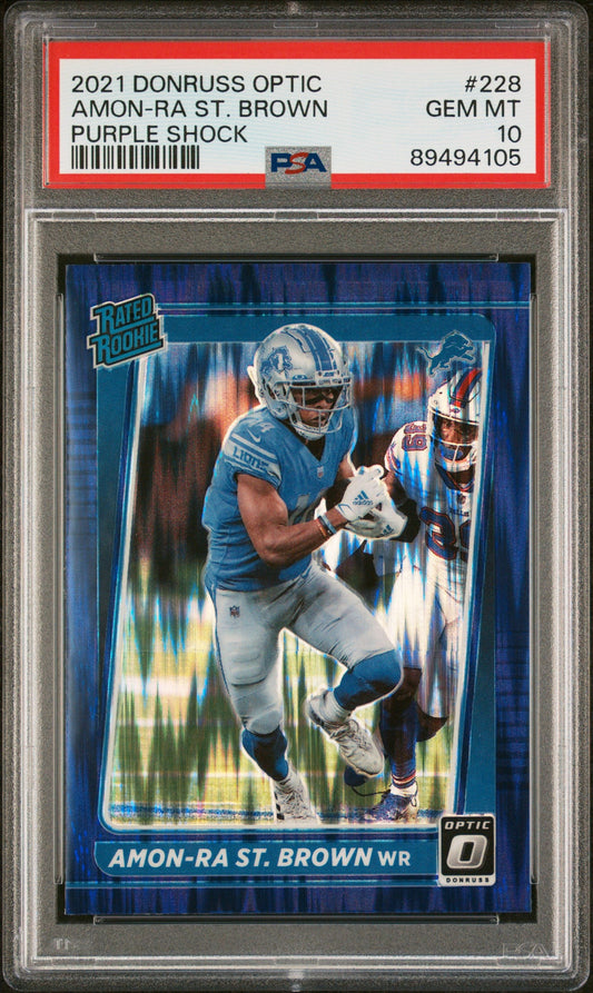 Graded 2021 Panini Donruss Optic Amon-Ra St. Brown #228 Purple Shock Rookie RC Football Card PSA 10 Gem Mint