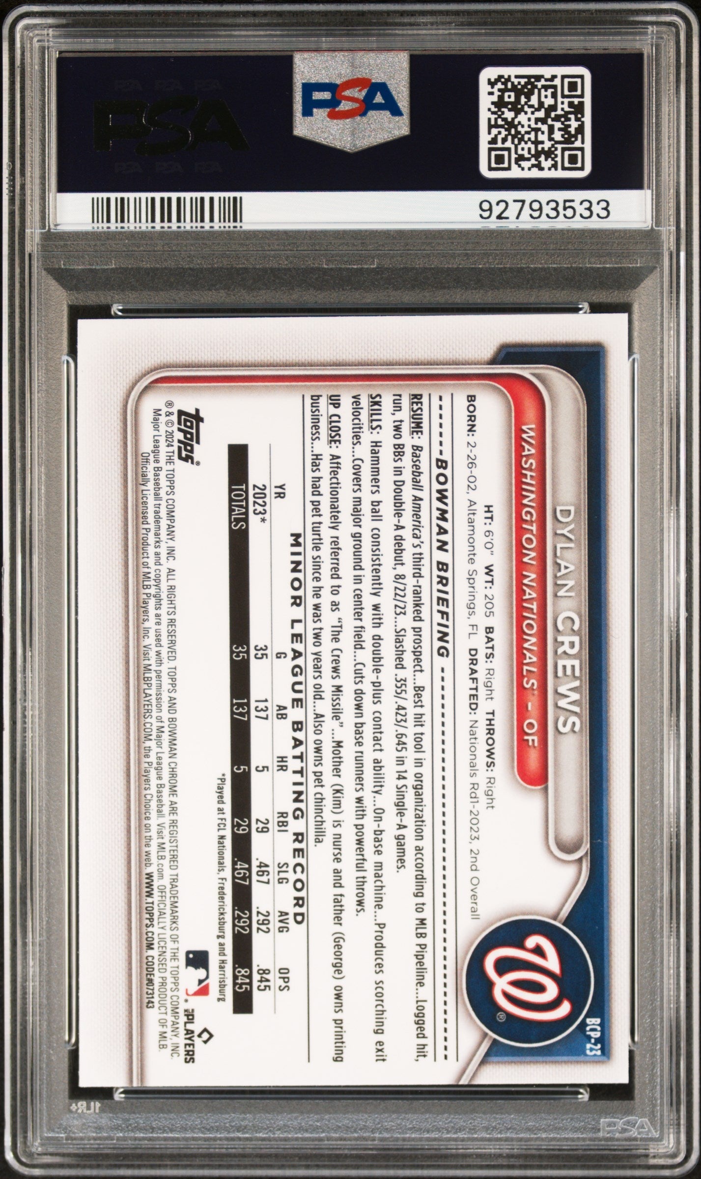 Graded 2024 Topps Bowman Dylan Crews #BCP23 Chrome Prospects Rookie RC Baseball Card PSA 10 Gem Mint