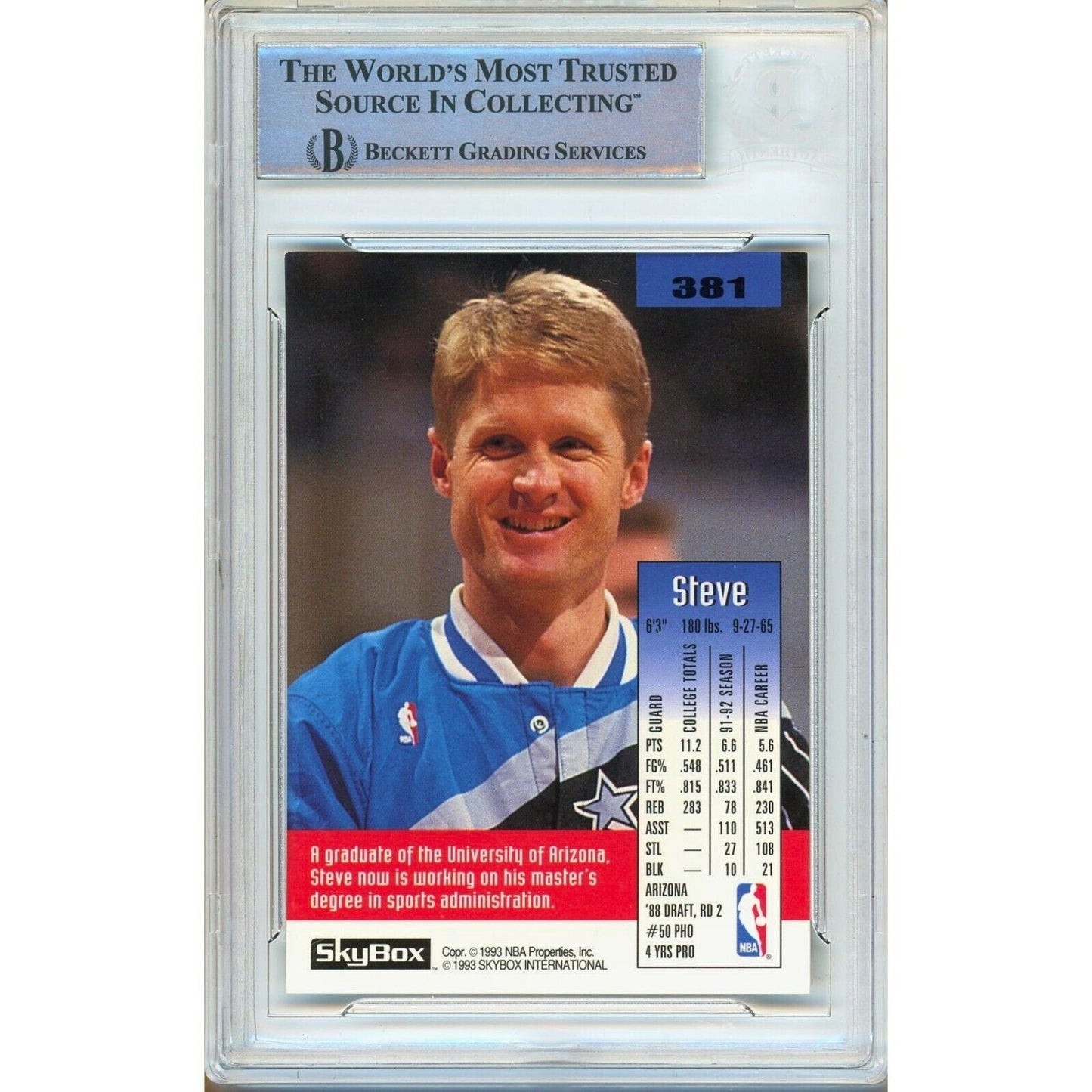 Steve Kerr Orlando Magic Signed 1992-93 Skybox Basketball Card Beckett Authentic Auto Slab