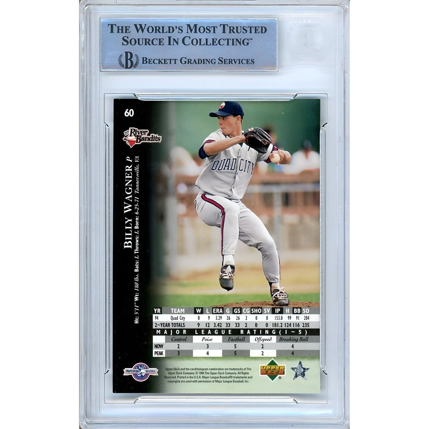 1995 Upper Deck Minors #60 — Billy Wagner Houston Astros Autographed Trading Card — Beckett Authentication