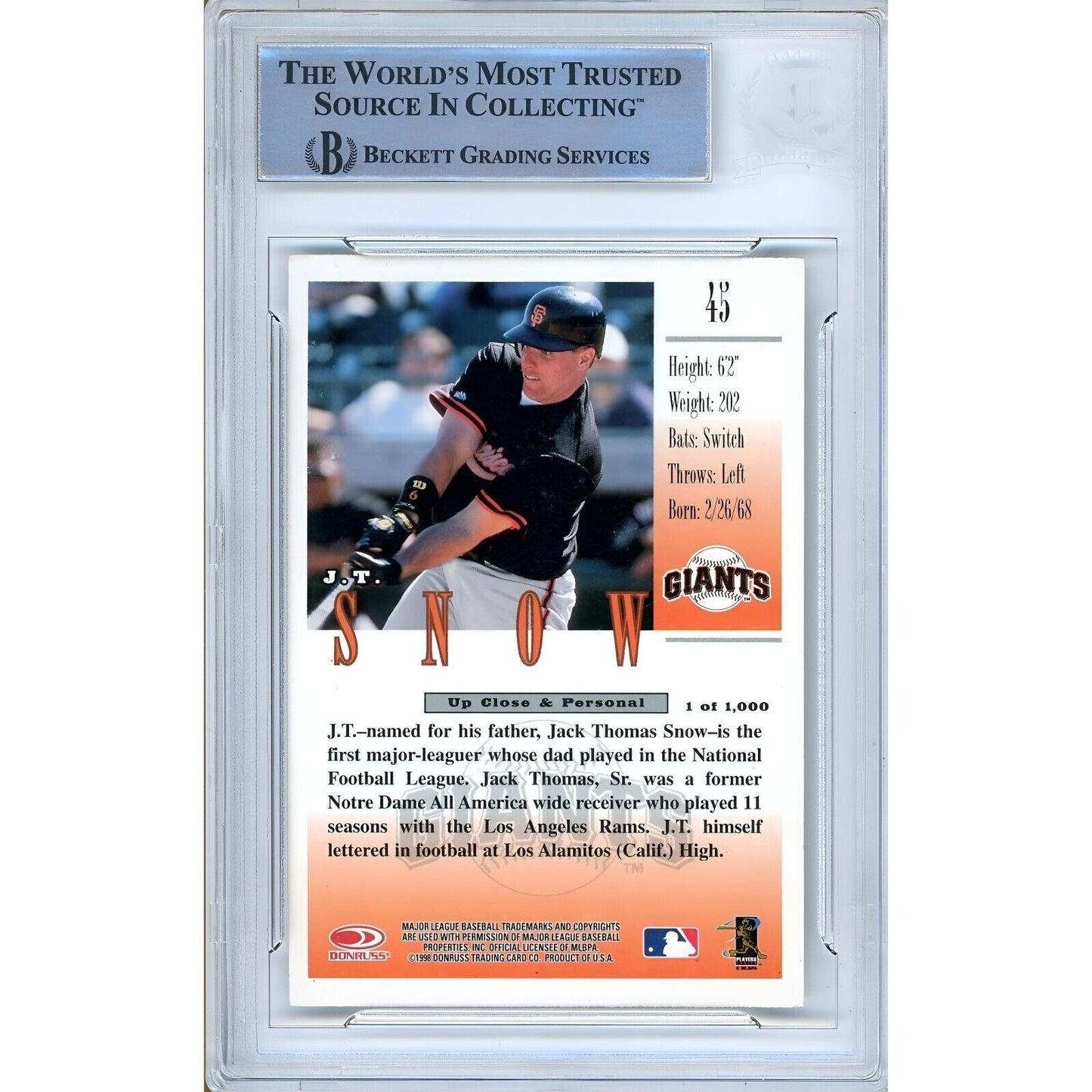 1998 Donruss Studio Proof #45 — JT Snow SF Giants Autographed Trading Card — Beckett Authentication