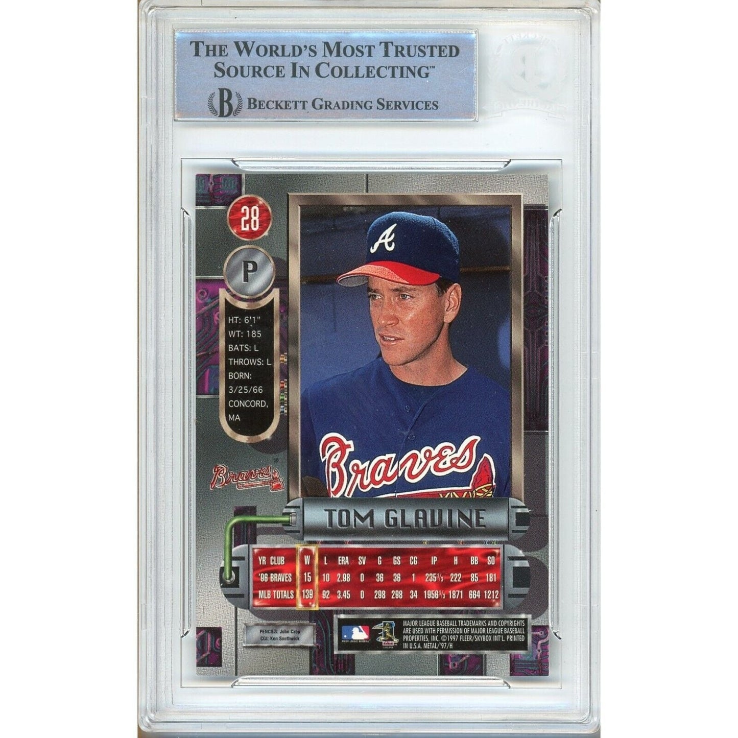 Tom Glavine Atlanta Braves Signed 1997 Metal Universe Card Beckett Authentic Auto Slab