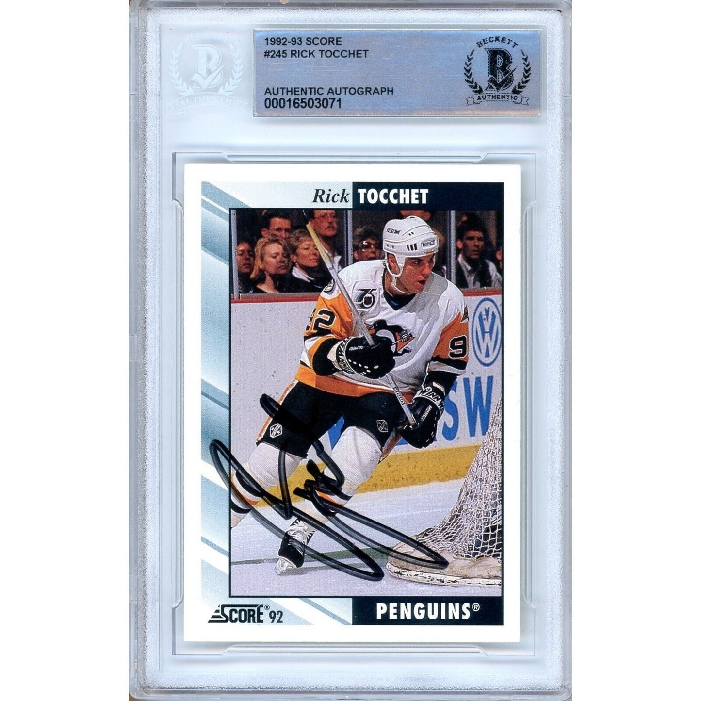 Rick Tocchet Pittsburgh Penguins Signed 1992-93 Score Hockey Card Beckett Auth Auto Slab