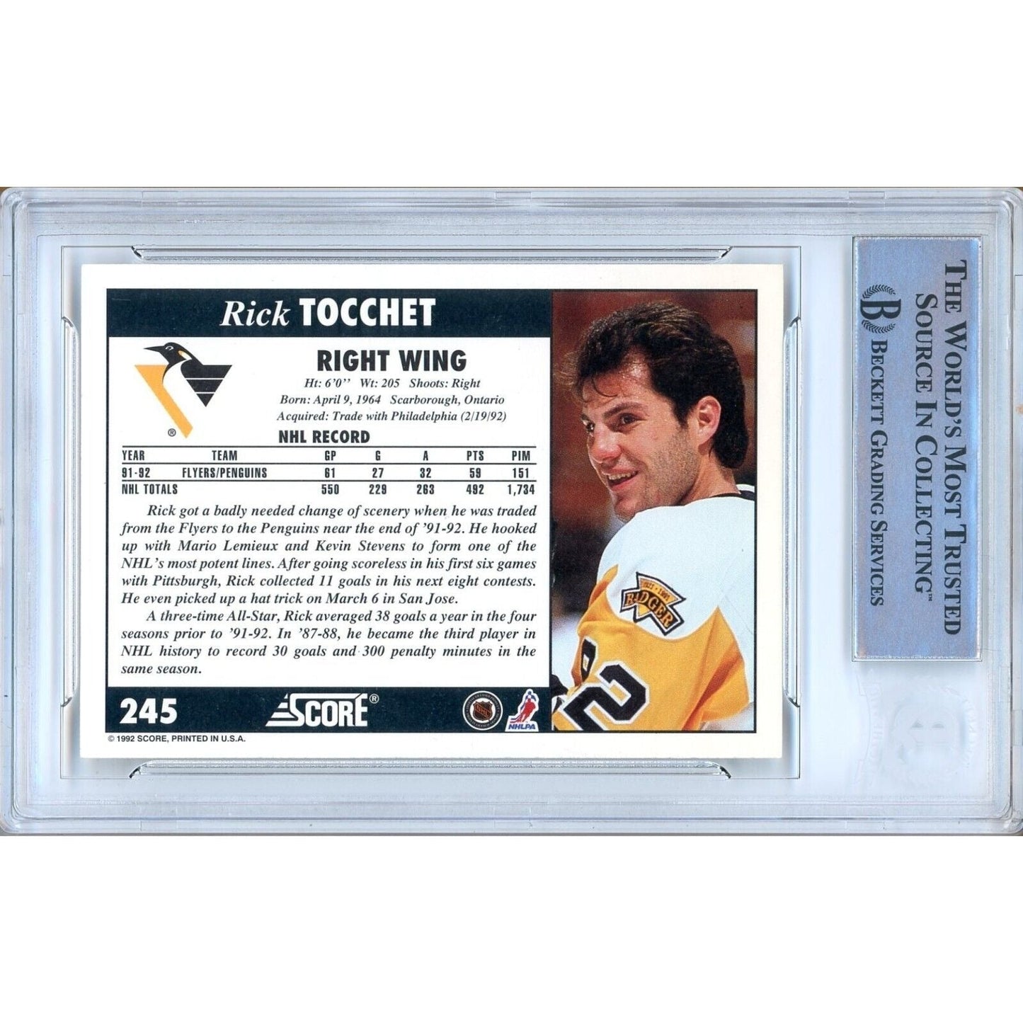 Rick Tocchet Pittsburgh Penguins Signed 1992-93 Score Hockey Card Beckett Auth Auto Slab