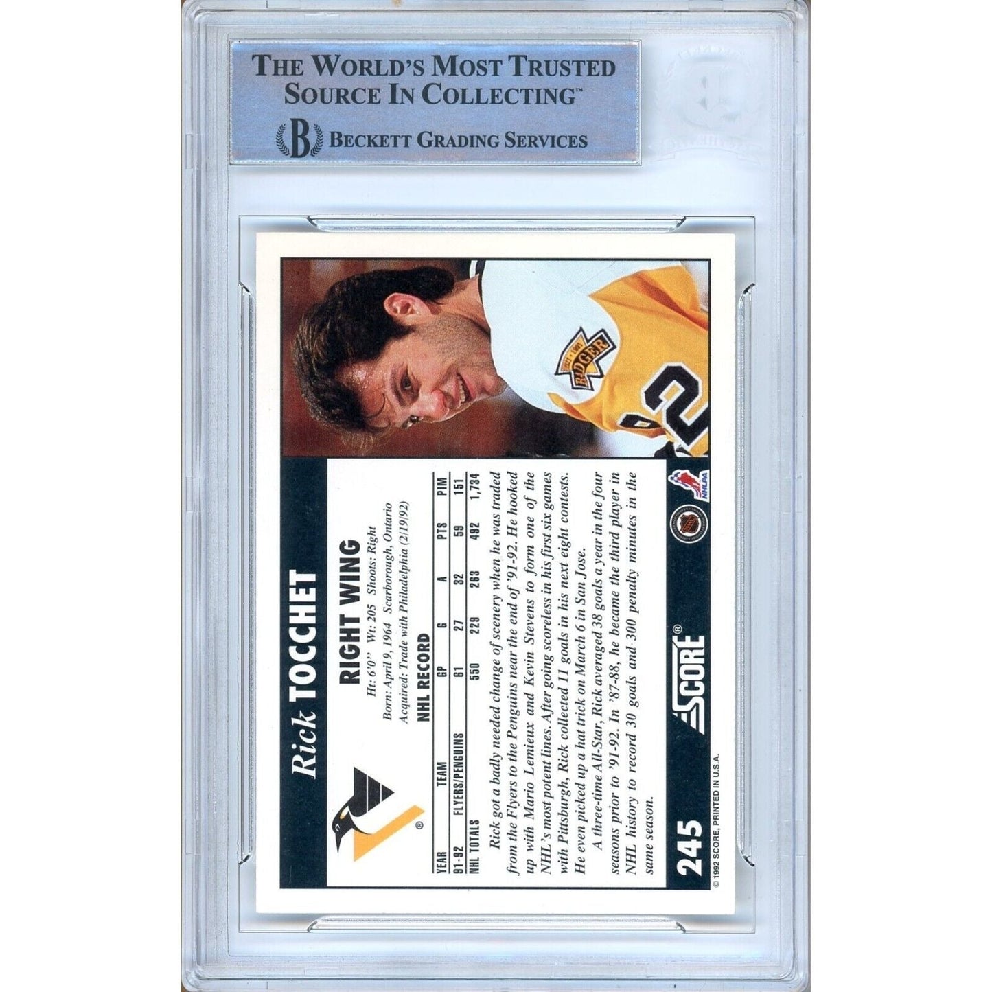 Rick Tocchet Pittsburgh Penguins Signed 1992-93 Score Hockey Card Beckett Auth Auto Slab