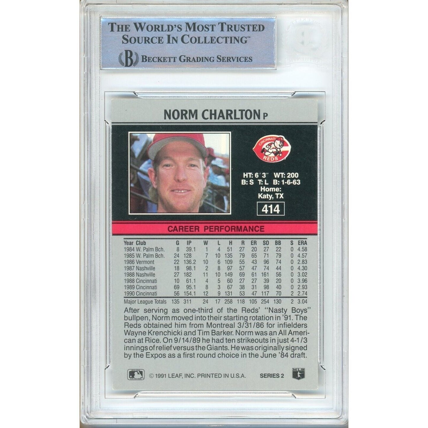 Norm Charlton Cincinnati Reds Signed 1991 Leaf Baseball Card Beckett Authentic Auto Slab