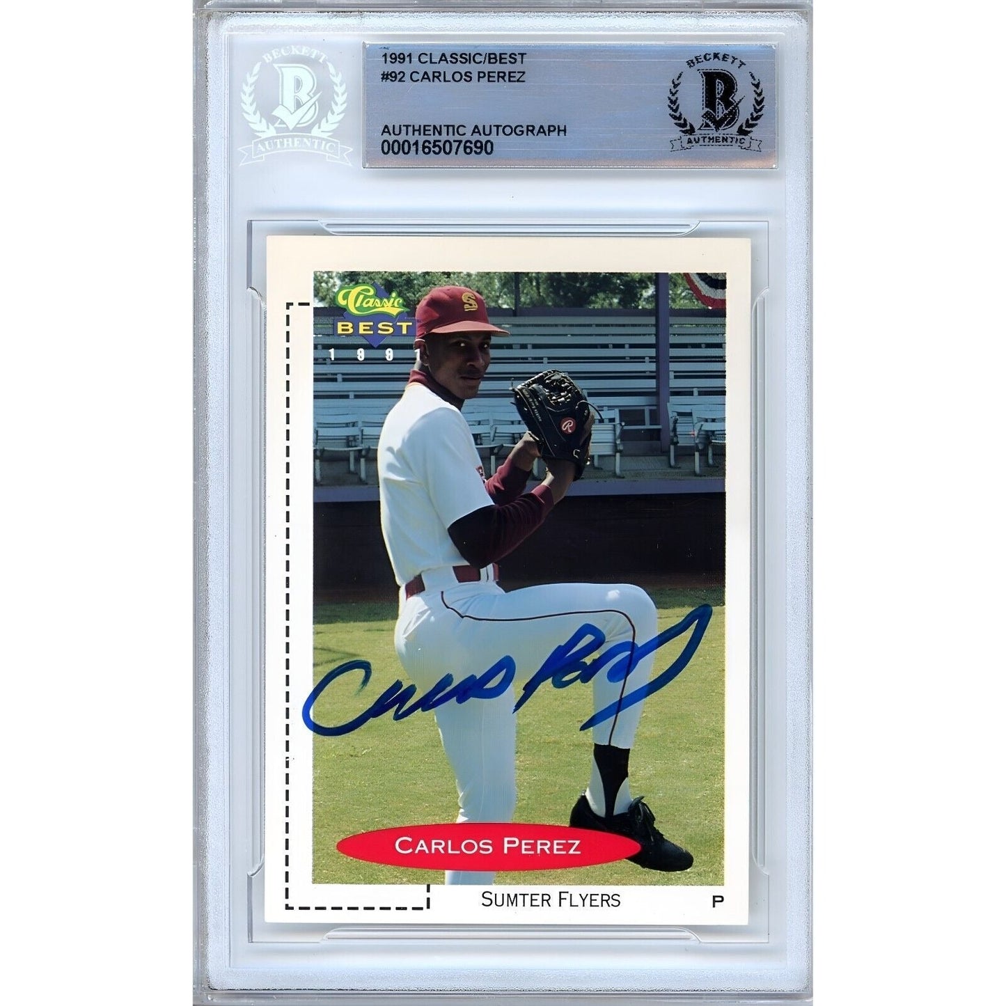 1991 Classic Best #92 — Carlos Perez Montreal Expos Autographed Trading Card — Beckett Authentication