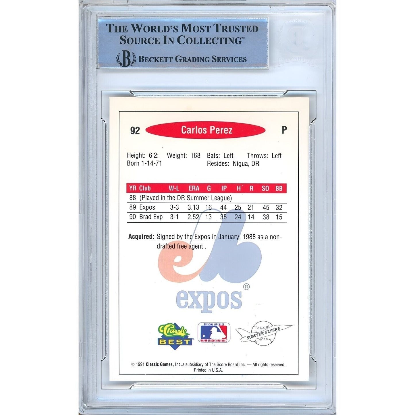 1991 Classic Best #92 — Carlos Perez Montreal Expos Autographed Trading Card — Beckett Authentication