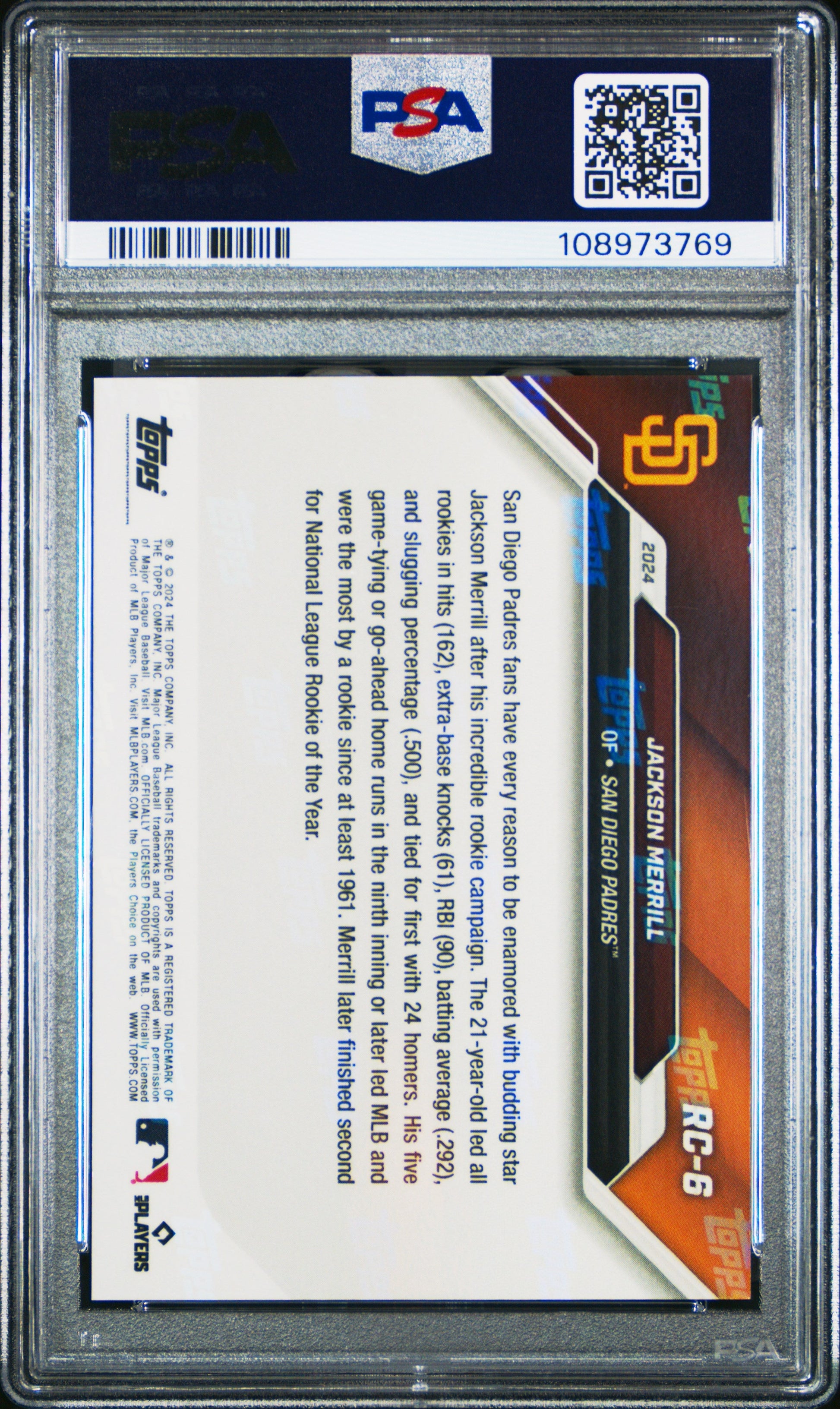 Graded 2024 Topps Now Jackson Merrill #RC6 Rookie Cup Team Set Black /99 Rookie RC Baseball Card PSA 10 Gem Mint - Sport Cards