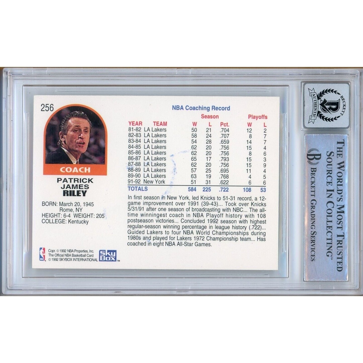 Pat Riley New York Knicks Signed 1992-93 NBA Hoops Card BGS Auto-10 Graded Slab