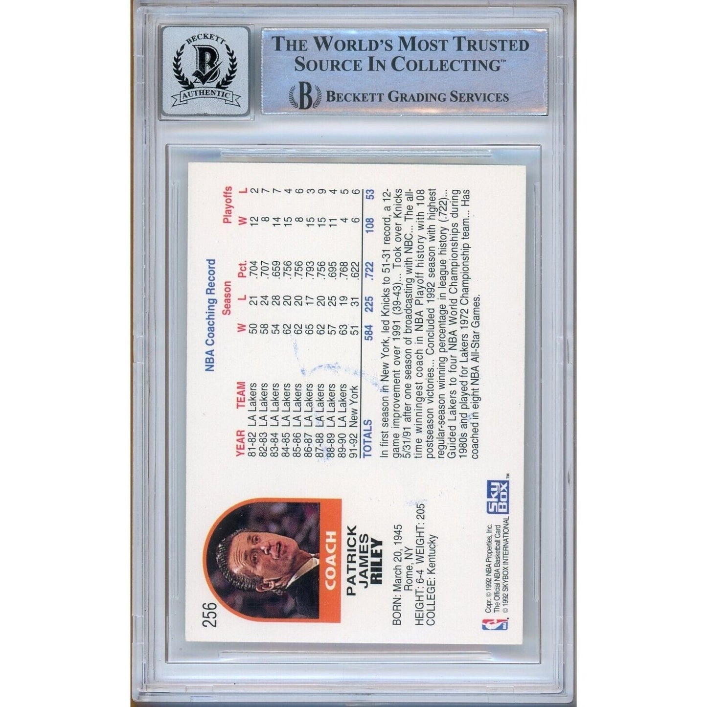 Pat Riley New York Knicks Signed 1992-93 NBA Hoops Card BGS Auto-10 Graded Slab