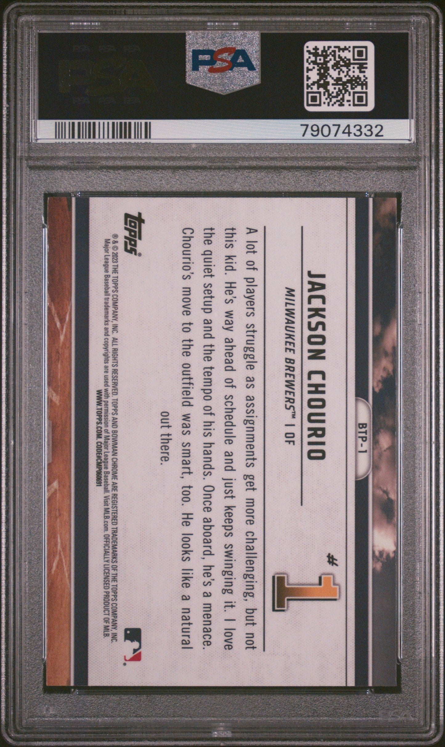 Graded 2023 Topps Bowman Jackson Chourio #BTP1 Scouts Top 100 Rookie RC Baseball Card PSA 10 Gem Mint