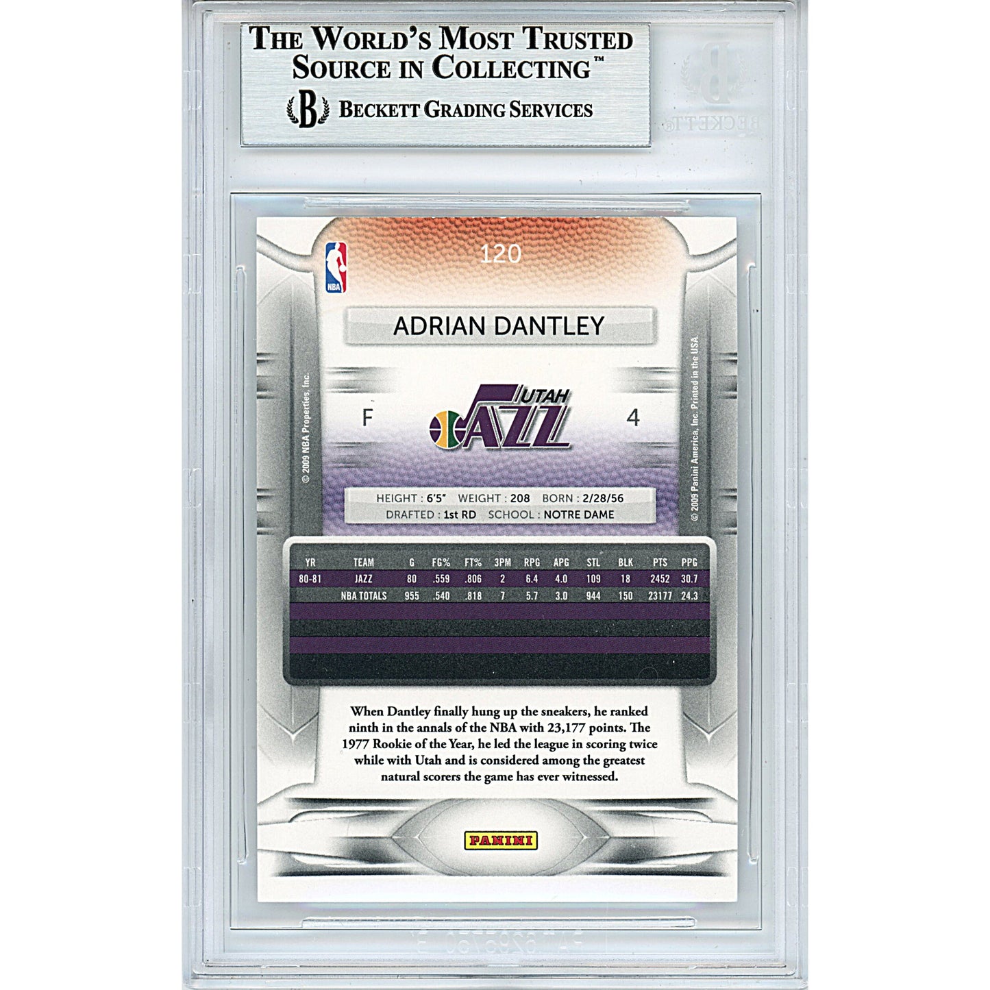 2009-2010 Panini Prestige #120 — Adrian Dantley Utah Jazz Autographed Trading Card — Beckett Authentication