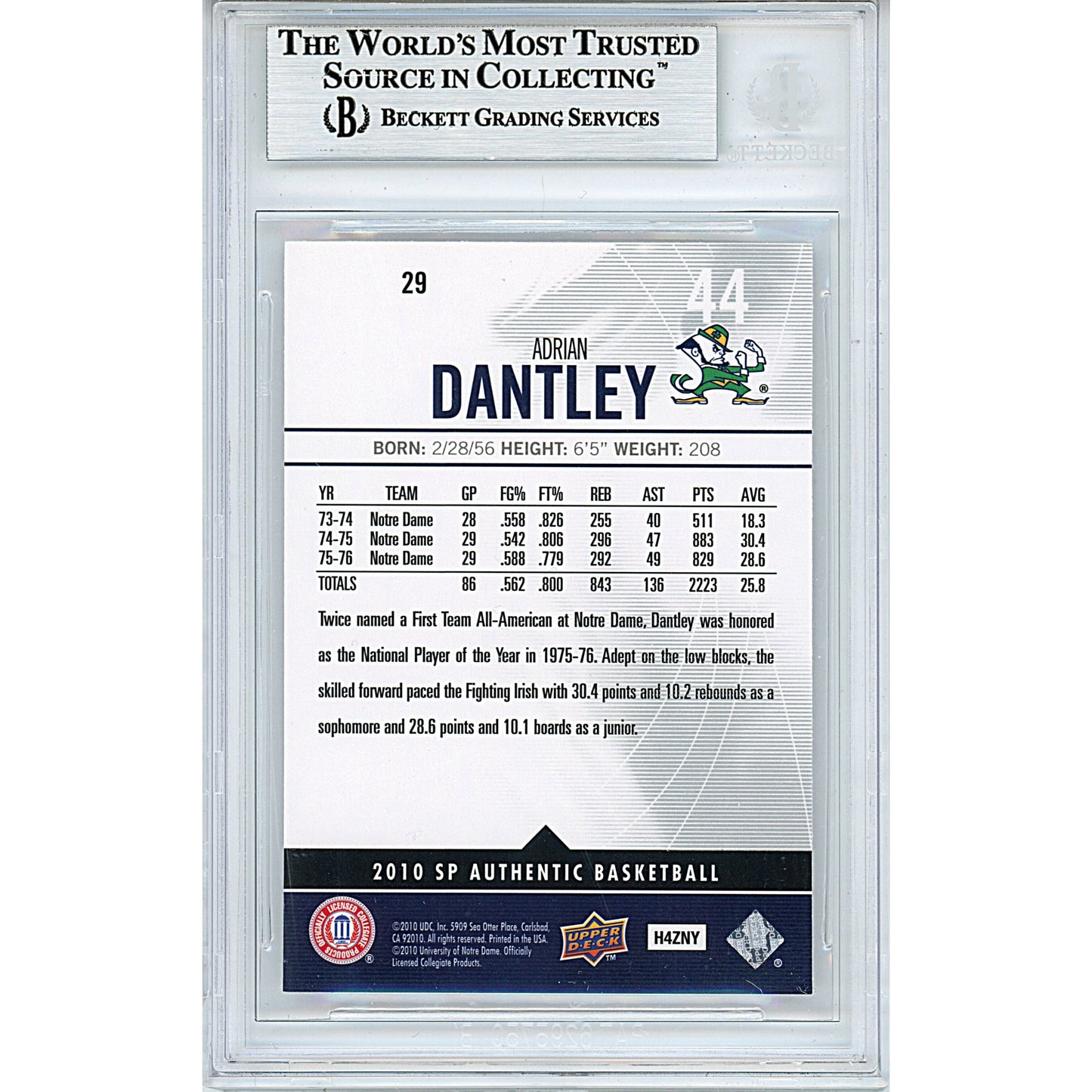 2010-11 Upper Deck SP Authentic #4 — Adrian Dantley Notre Dame Autographed Trading Card — Beckett Authentication