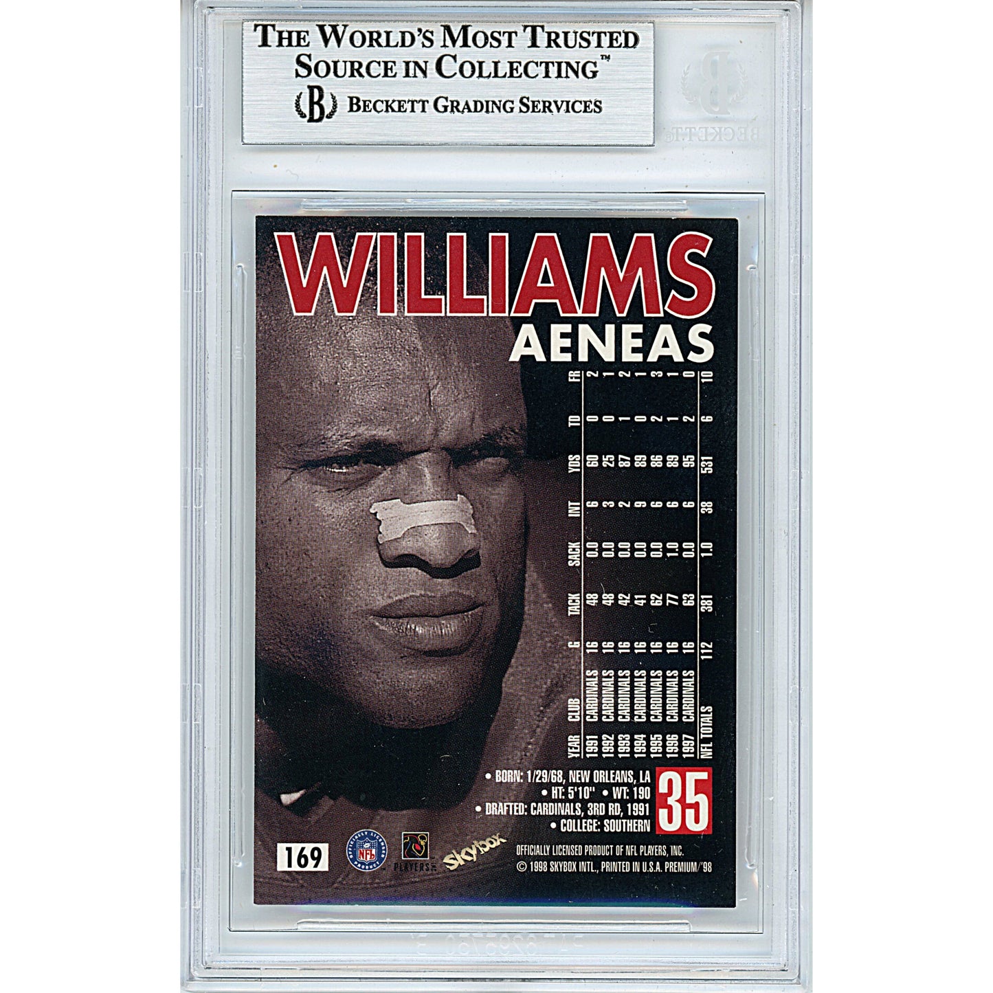 1998 Skybox Premium #169 — Aeneas Williams Arizona Cardinals Autographed Trading Card — Beckett Authentication