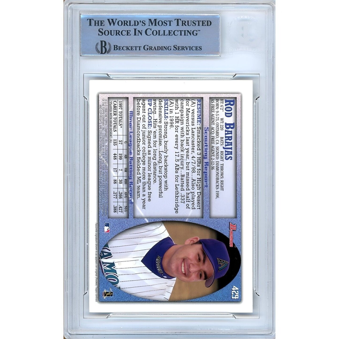 Rod Barajas AZ Diamondbacks Signed 1998 Bowman Rookie Card Beckett Authentic Auto Slab