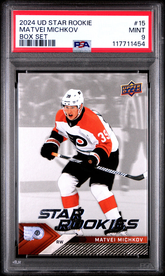 Graded 2024 Upper Deck Star Rookie Matvei Michkov #15 Box Set Rookie RC Hockey Card PSA 9 Mint