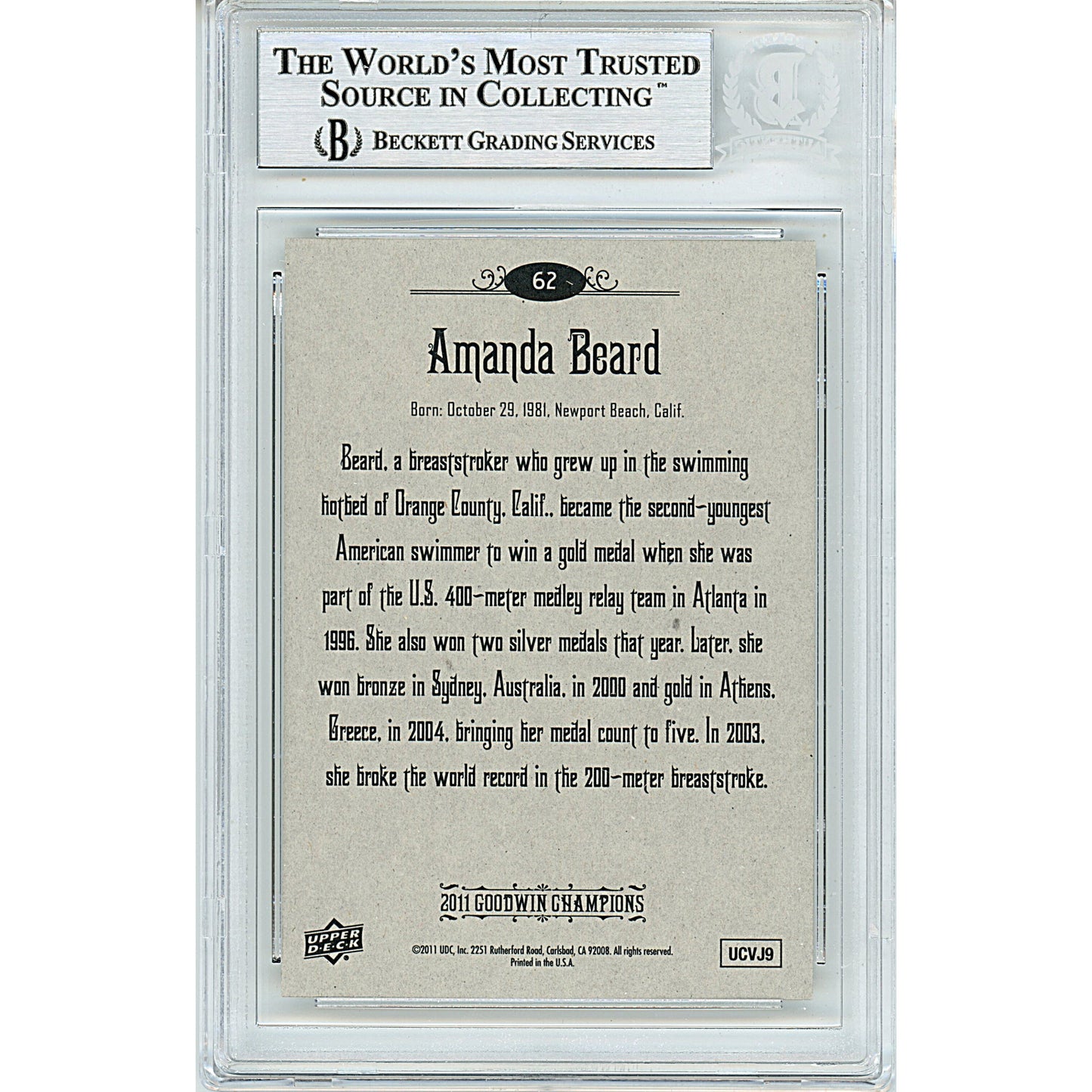 2011 Upper Deck Goodwin Champions #62 — Amanda Beard Team USA Autographed Trading Card — Beckett Authentication - Sport Cards