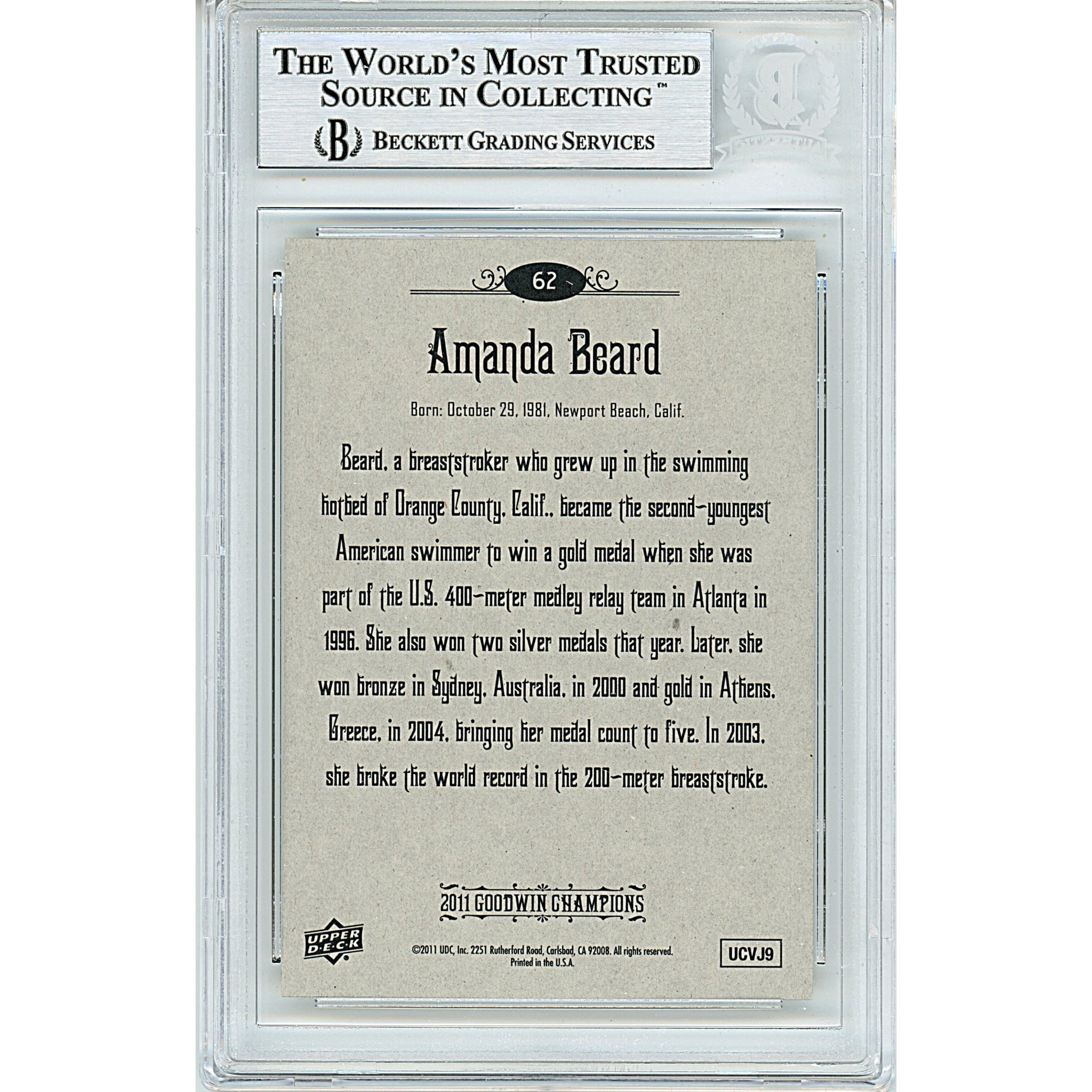 2011 Upper Deck Goodwin Champions #62 — Amanda Beard Team USA Autographed Trading Card — Beckett Authentication - Sport Cards