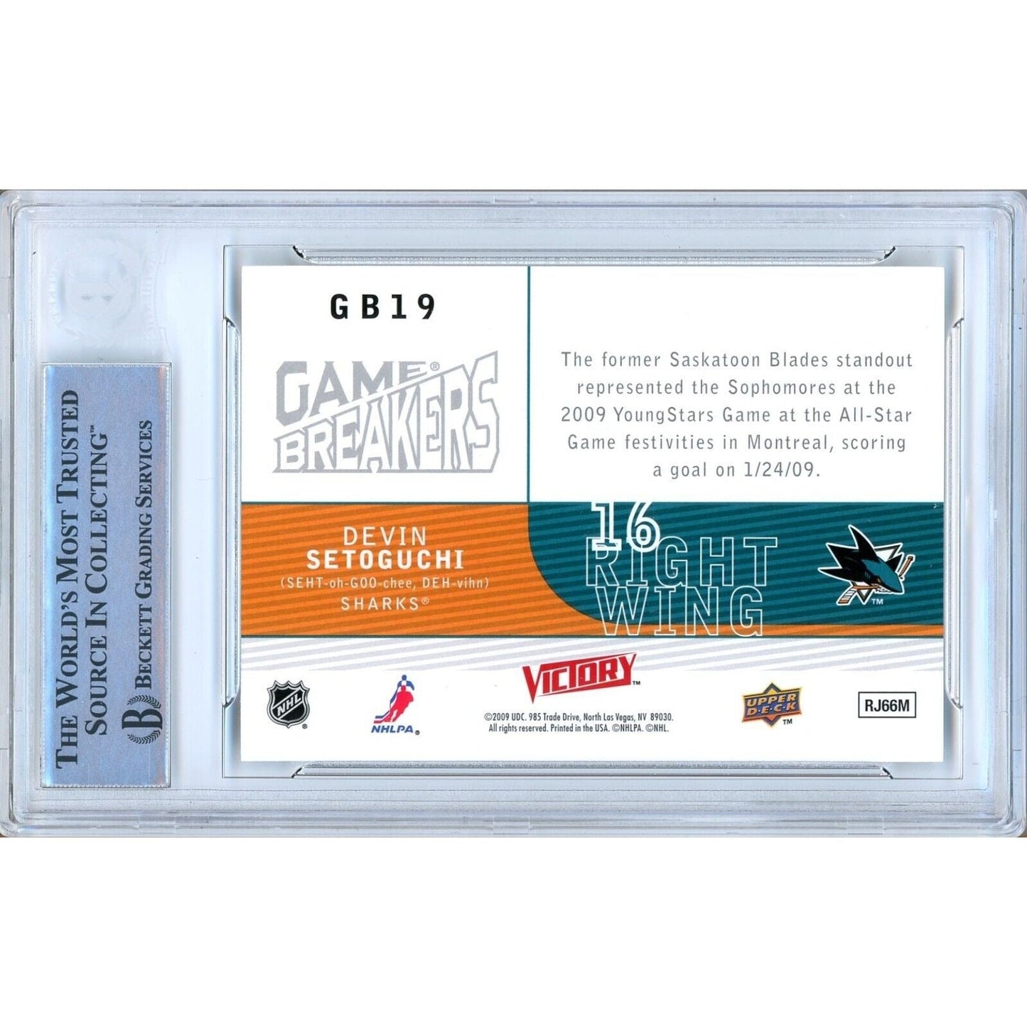 2009-10 Upper Deck Victory Game Breakers #GB19— Devin Setoguchi SJ Sharks Autographed Trading Card — Beckett Authentication