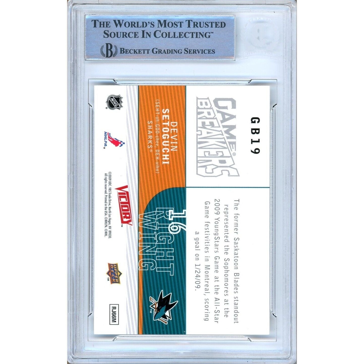 2009-10 Upper Deck Victory Game Breakers #GB19— Devin Setoguchi SJ Sharks Autographed Trading Card — Beckett Authentication