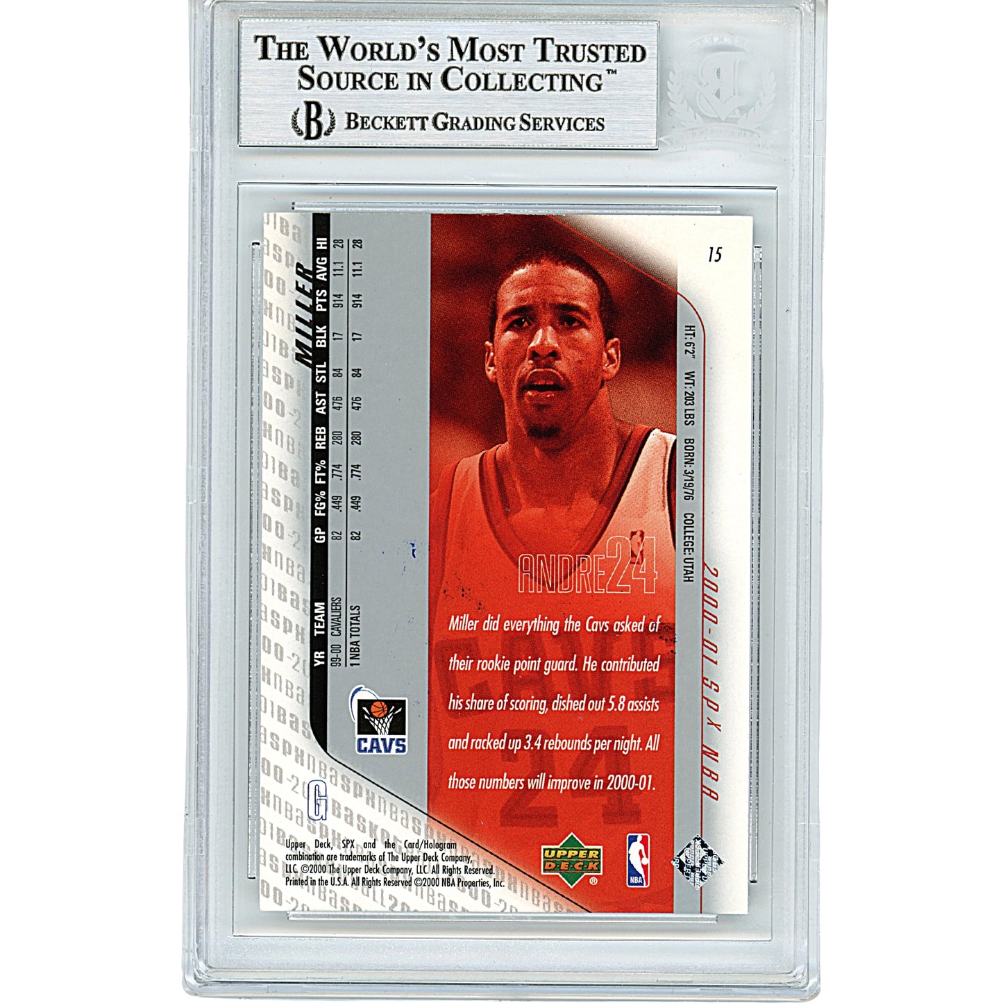 2000-01 Upper Deck SPx #15 — Andre Miller Cleveland Cavaliers Autographed Trading Card — Beckett Authentication