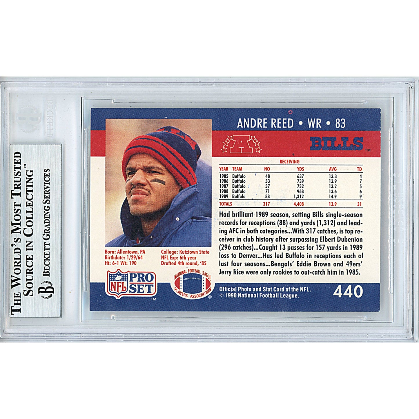 1990 NFL Pro Set #440 — Andre Reed Buffalo Bills Autographed Trading Card — Beckett Authentication