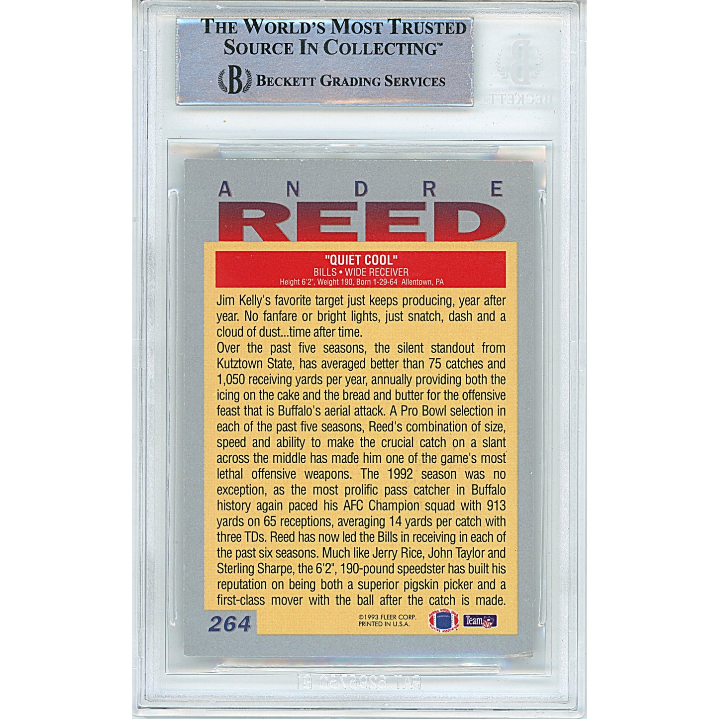 1993 Fleer #264 — Andre Reed Buffalo Bills Autographed Trading Card — Beckett Authentication