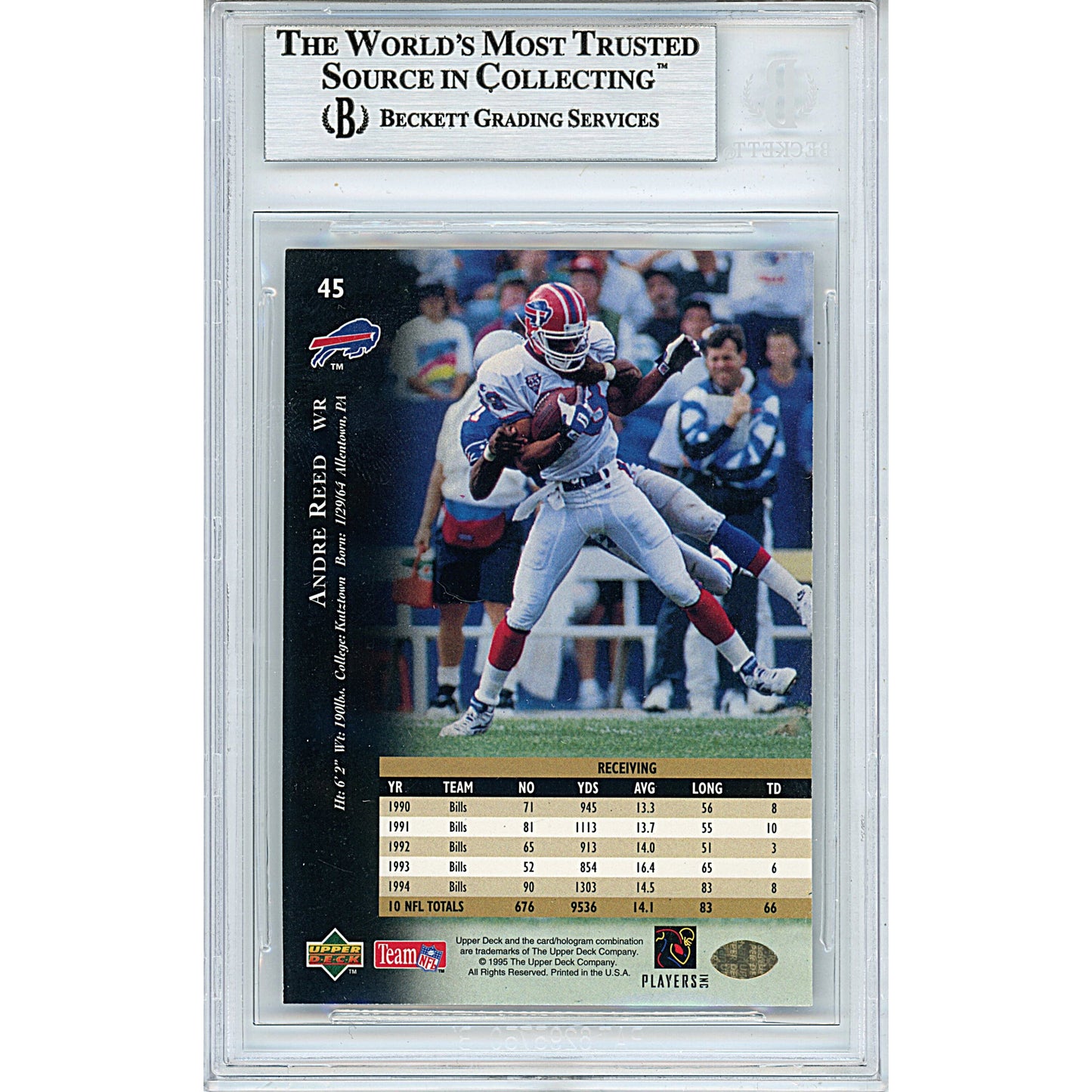 1995 Upper Deck #45 — Andre Reed Buffalo Bills Autographed Trading Card — Beckett Authentication