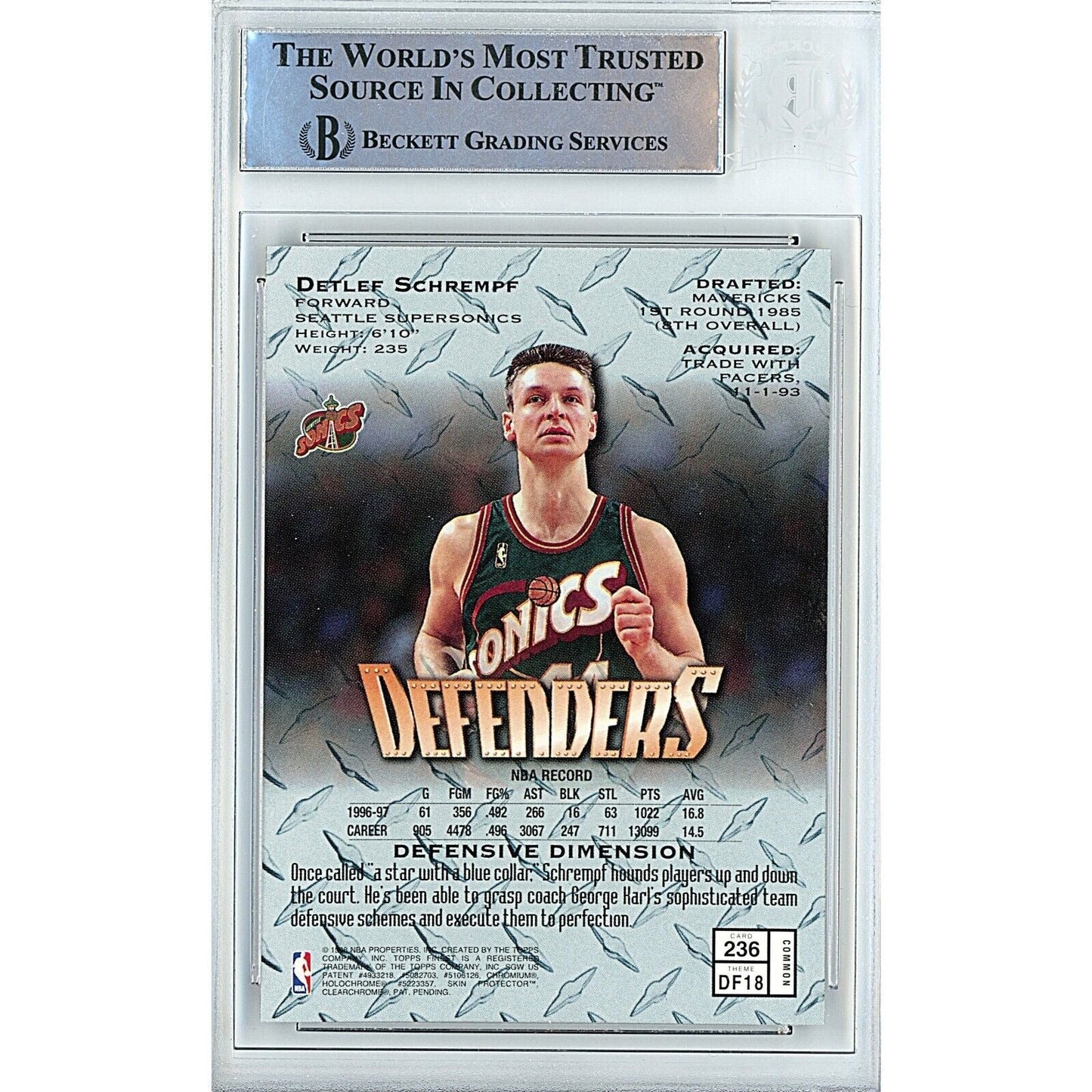 1997 Topps Finest #236 — Detlef Schrempf Seattle Sonics Autographed Trading Card — Beckett Authentication