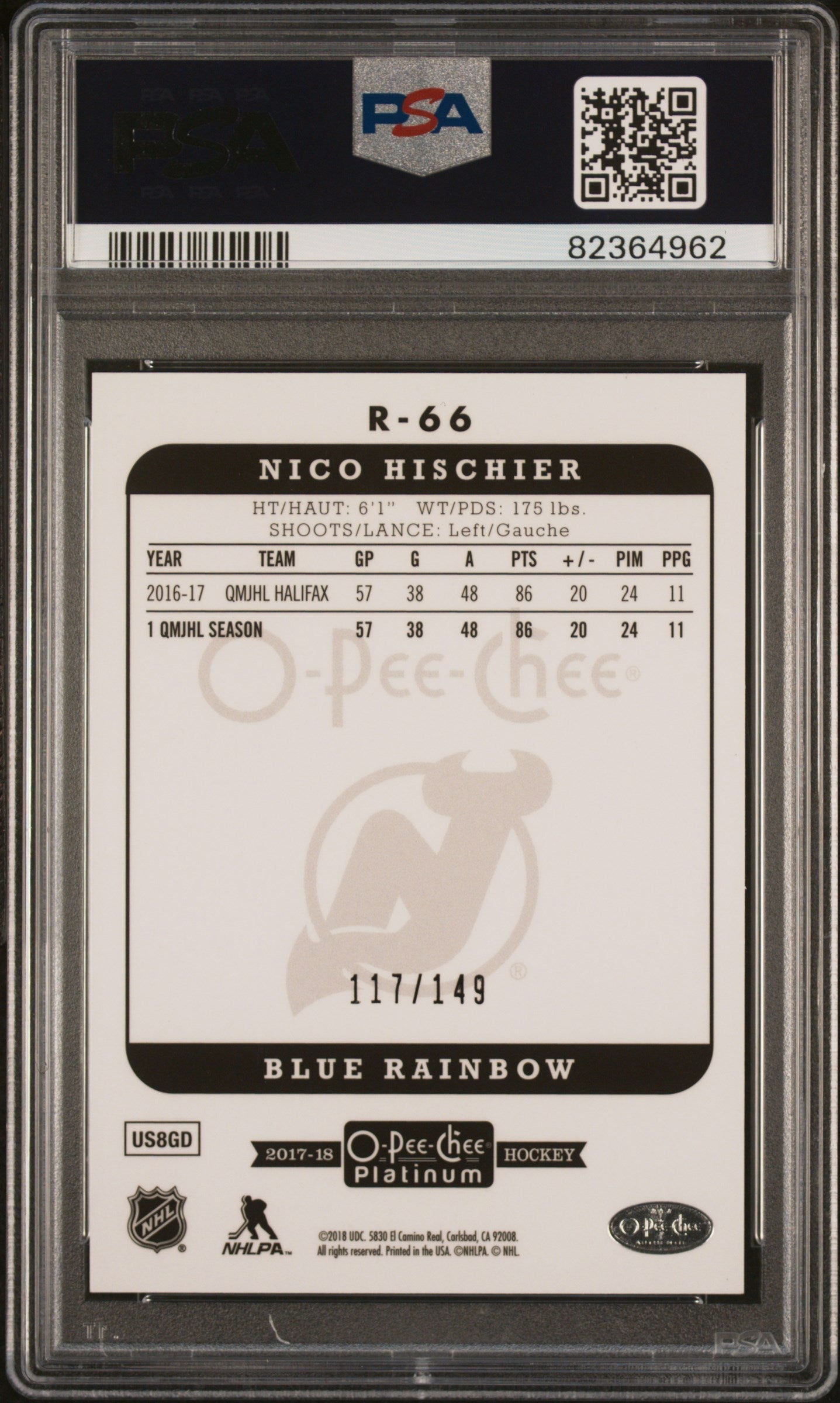 Graded 2017 UD O.P.C Platinum Nico Hischier #R-66 Retro-Blue Rainbow #/149 Rookie RC Hockey Card PSA 10 Gem Mint