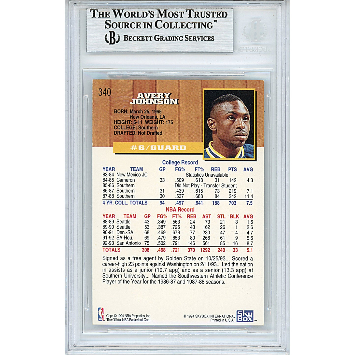 1993-94 NBA Hoops Gold #340 — Avery Johnson Golden State Warriors Autographed Trading Card — Beckett Authentication