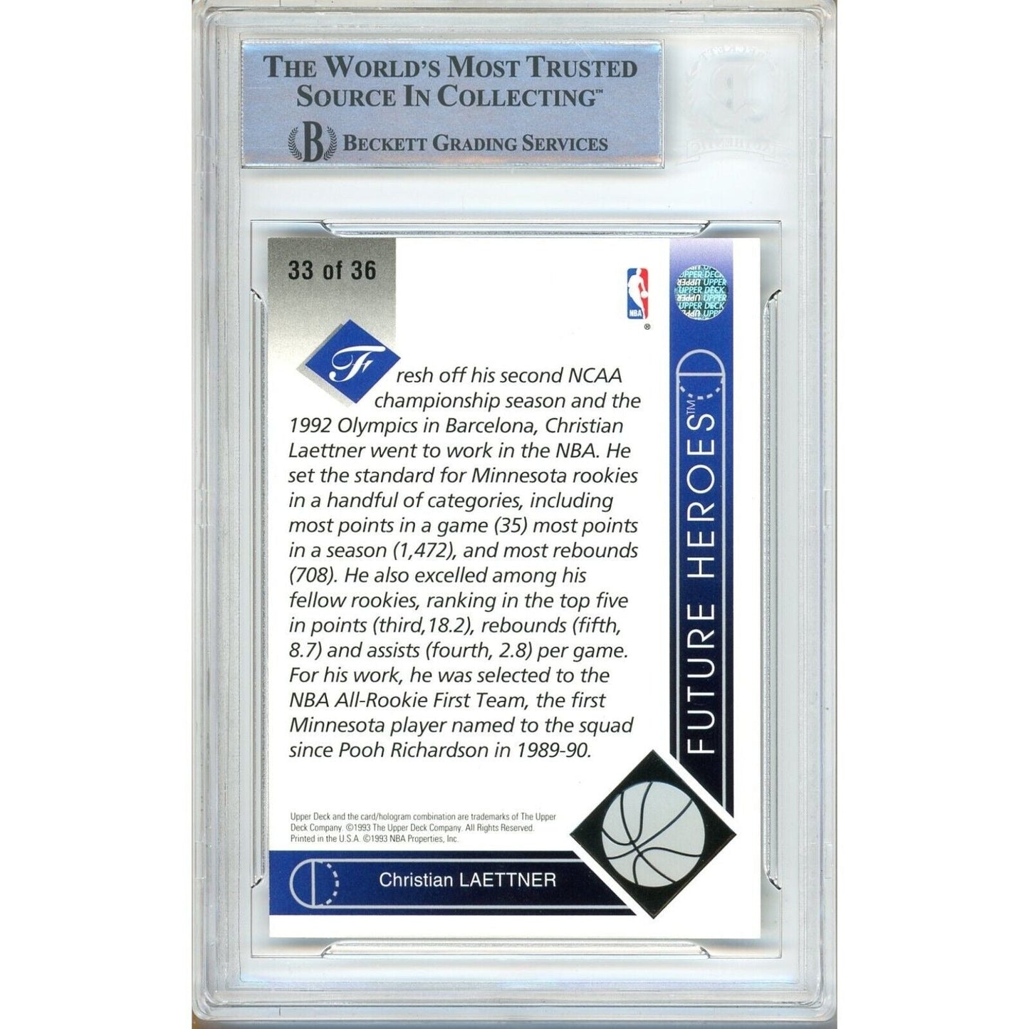 1993 Upper Deck Future Heroes #33 — Christian Laettner MN Timberwolves Autographed Trading Card — Beckett Authentication