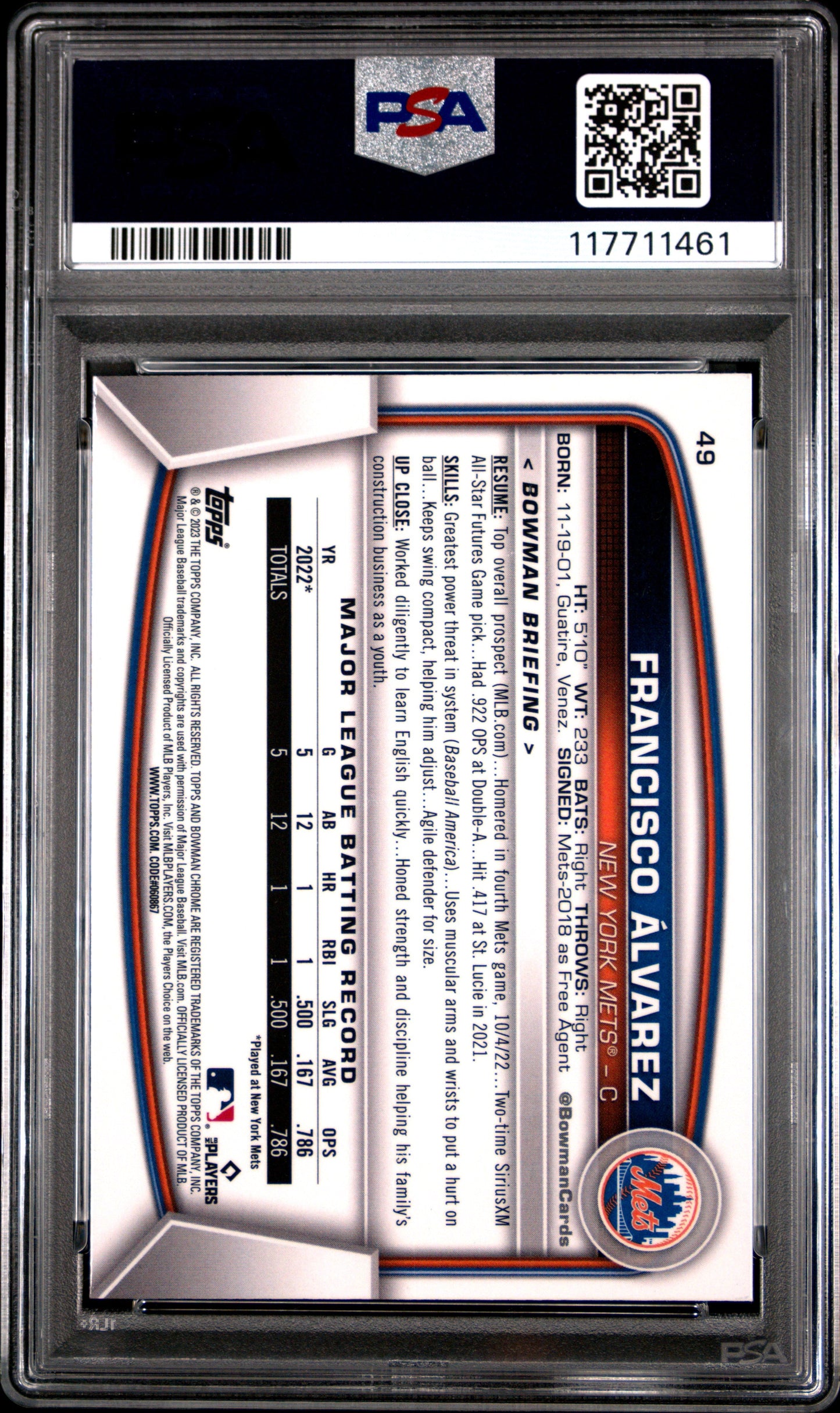 Graded 2023 Topps Bowman Mega Box Francisco Alvarez #49 Chrome Rookie RC Baseball Card PSA 10 Gem Mint - Sport Cards