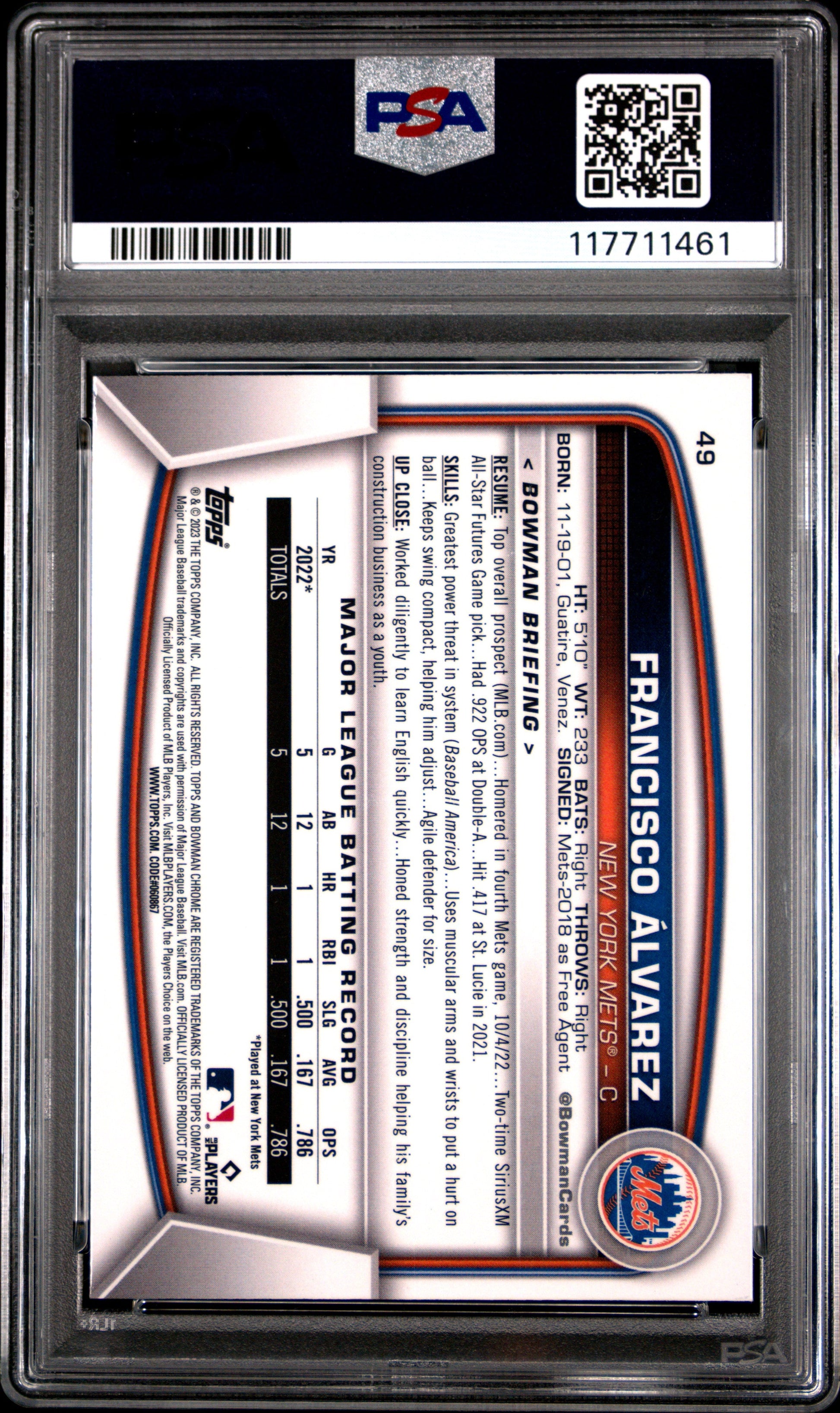Graded 2023 Topps Bowman Mega Box Francisco Alvarez #49 Chrome Rookie RC Baseball Card PSA 10 Gem Mint - Sport Cards