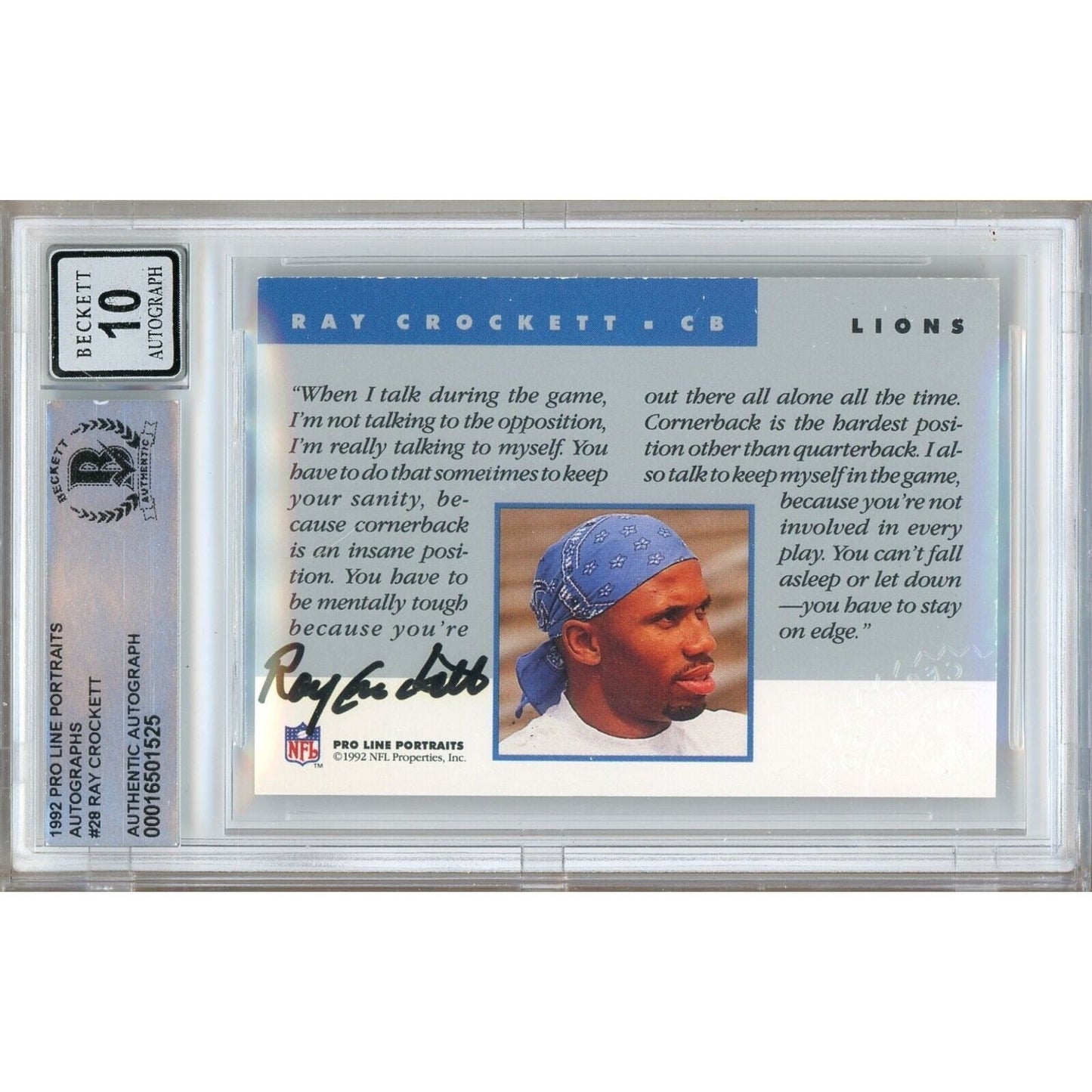 Ray Crockett Detroit Lions Signed 1992 Pro Line Portraits Football Card BGS Auto-10 Graded