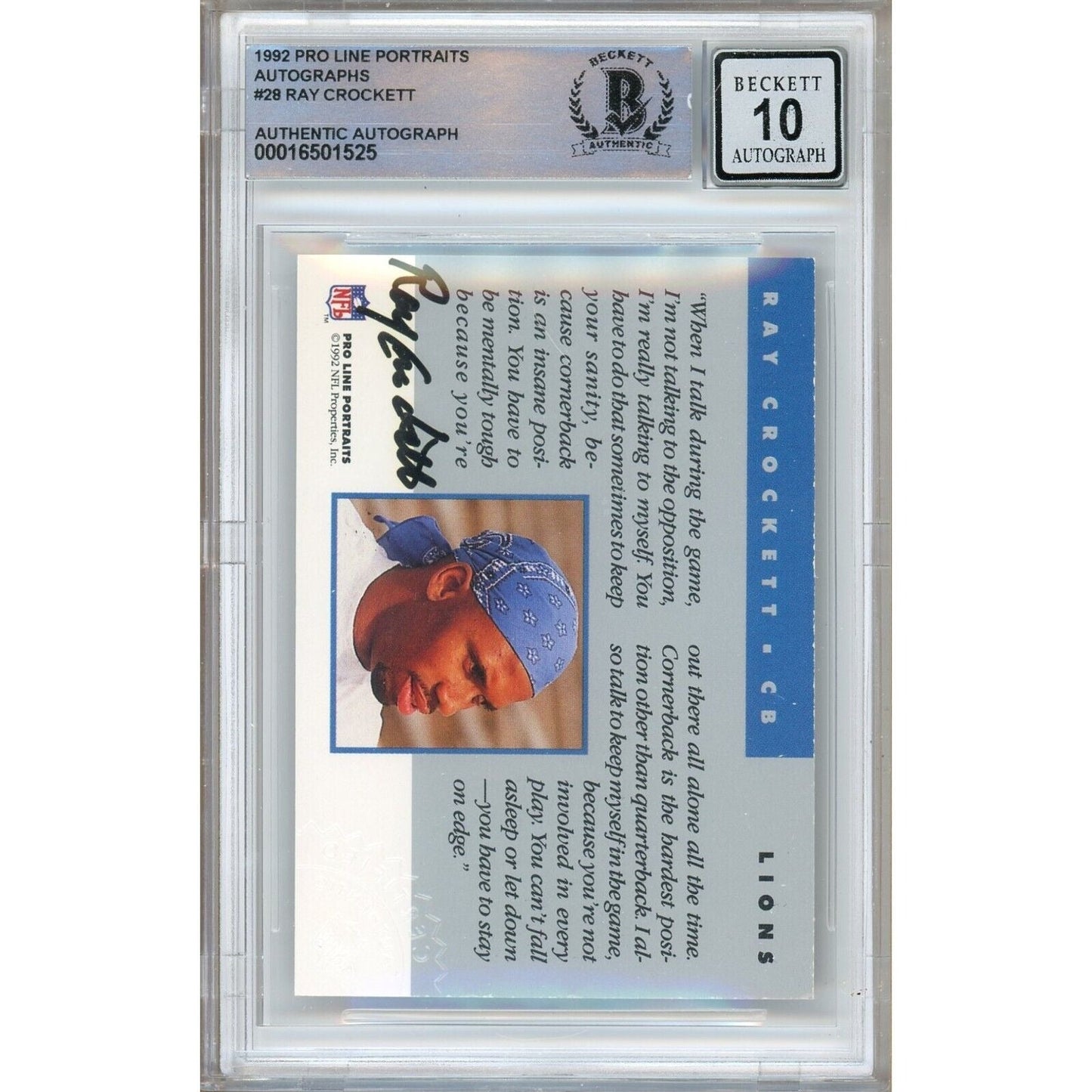 Ray Crockett Detroit Lions Signed 1992 Pro Line Portraits Football Card BGS Auto-10 Graded