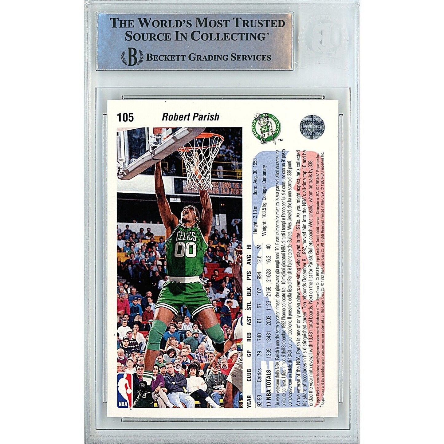 Robert Parish Boston Celtics Signed 1992-93 Upper Deck Italian Card Beckett Auth Auto Slab