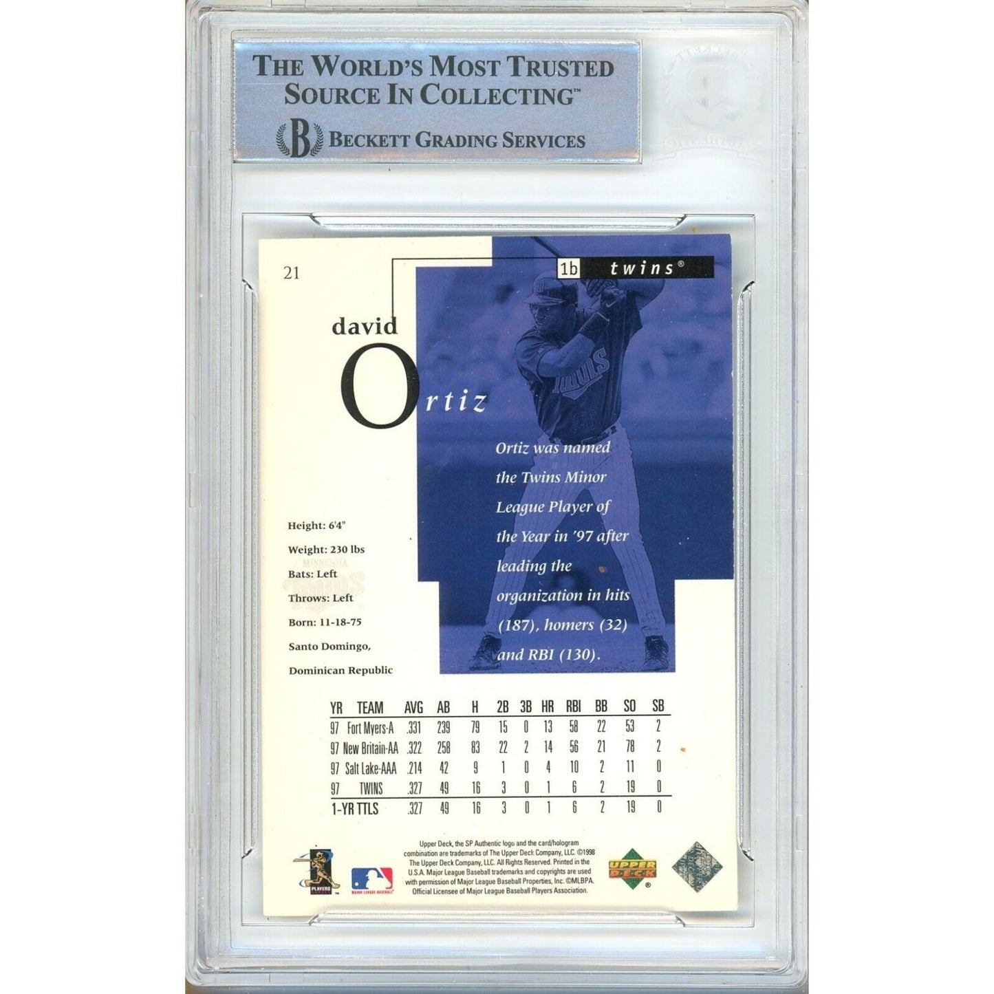 1998 SP Authentic Future Watch #21 — David Ortiz Minnesota Twins Autographed Trading Card — Beckett Authentication