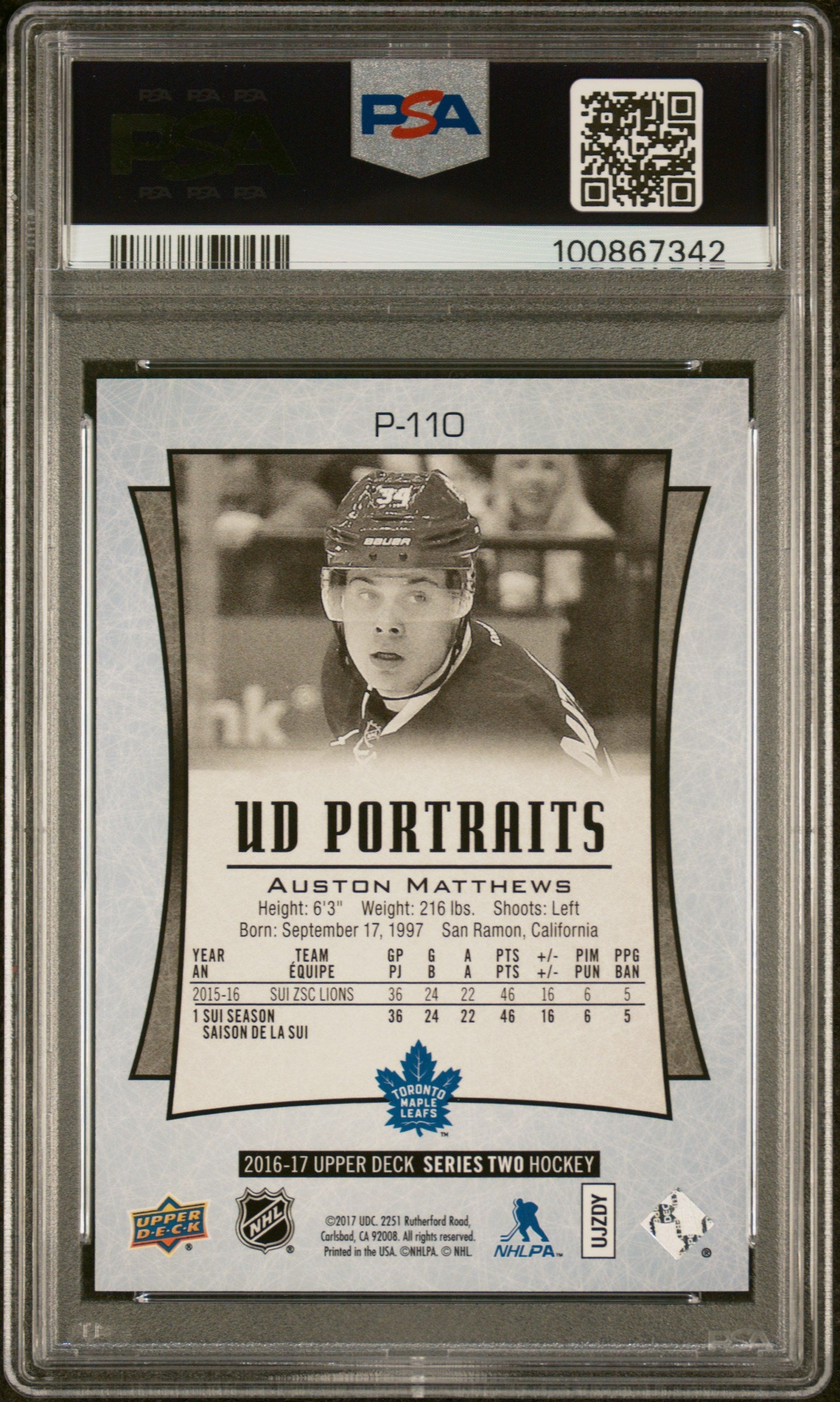 Graded 2016 Upper Deck Auston Matthews #P110 UD Portraits Rookie RC Hockey Card PSA 10 Gem Mint