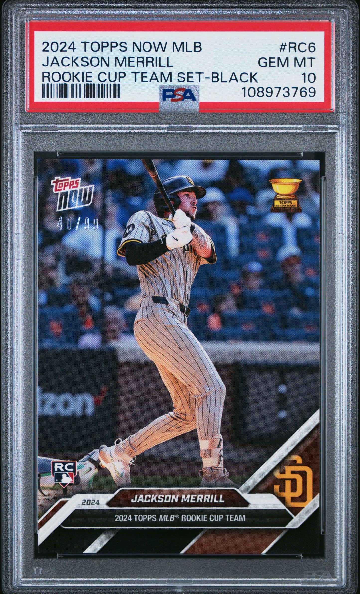Graded 2024 Topps Now Jackson Merrill #RC6 Rookie Cup Team Set Black /99 Rookie RC Baseball Card PSA 10 Gem Mint - Sport Cards