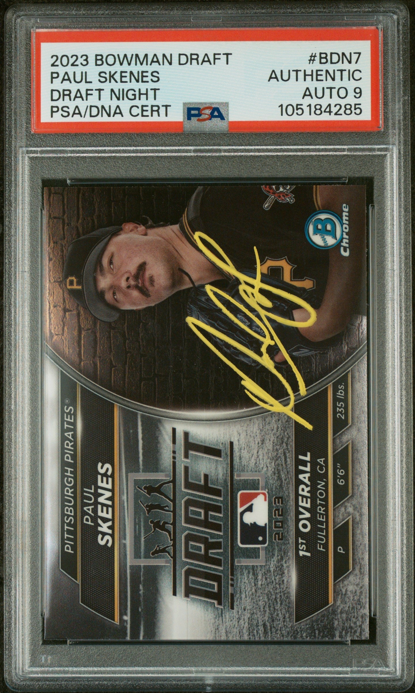 Graded 2023 Topps Bowman Draft Paul Skenes #BDN7 Draft Night Rookie RC Baseball Card PSA 9 Auto Grade Mint