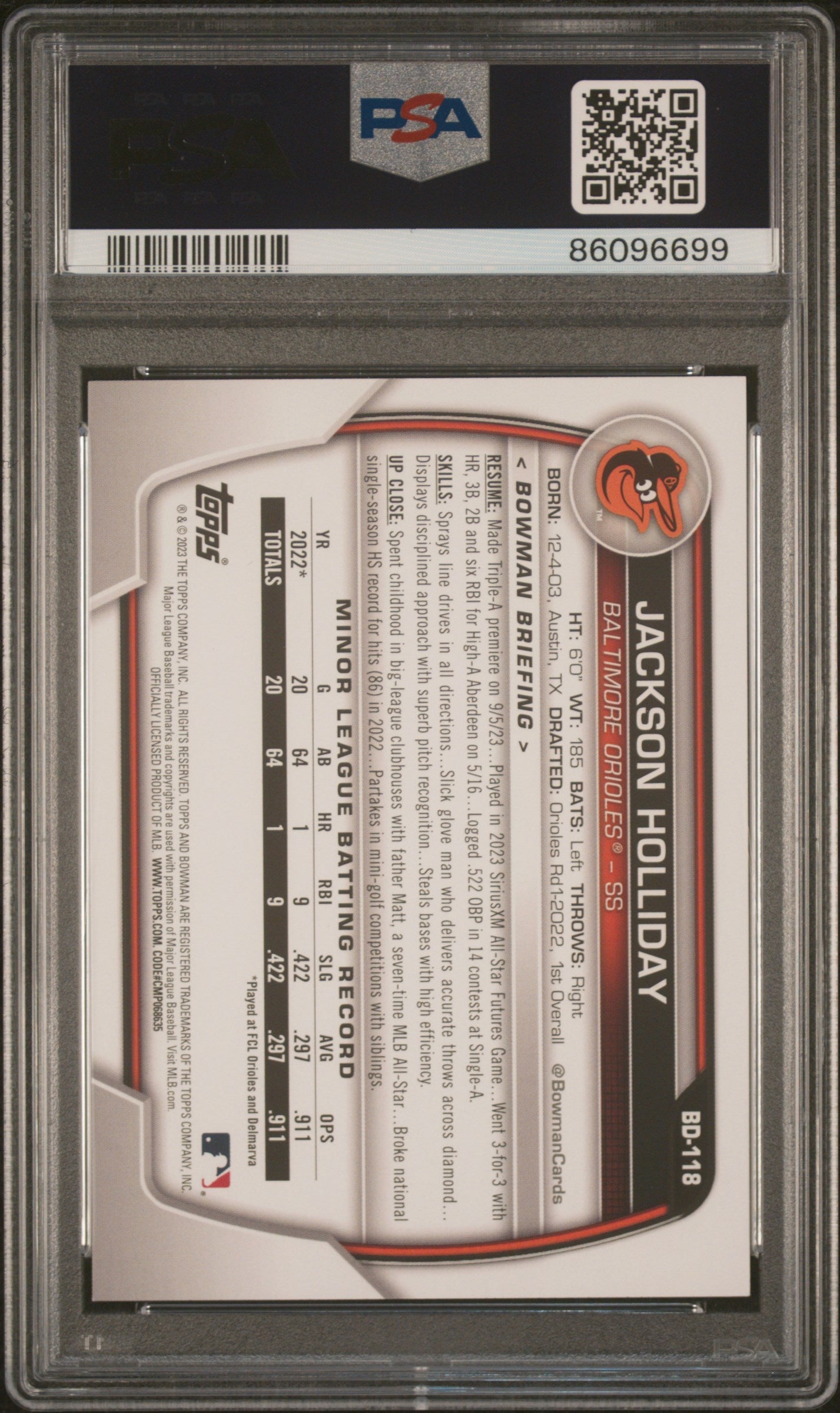 Graded 2023 Topps Bowman Draft Jackson Holliday #BD118 Rookie RC Baseball Card PSA 10 Gem Mint