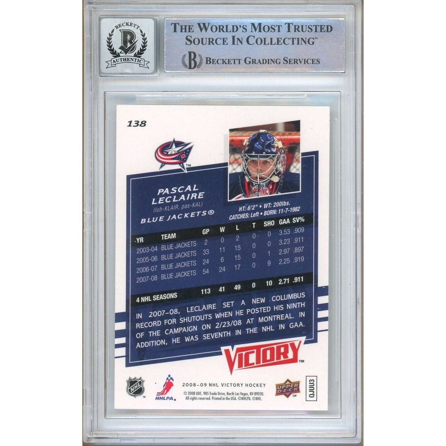 Pascal LeClaire Blue Jackets Signed 2008-09 Victory Hockey Card BGS Auto 10 Graded Slab